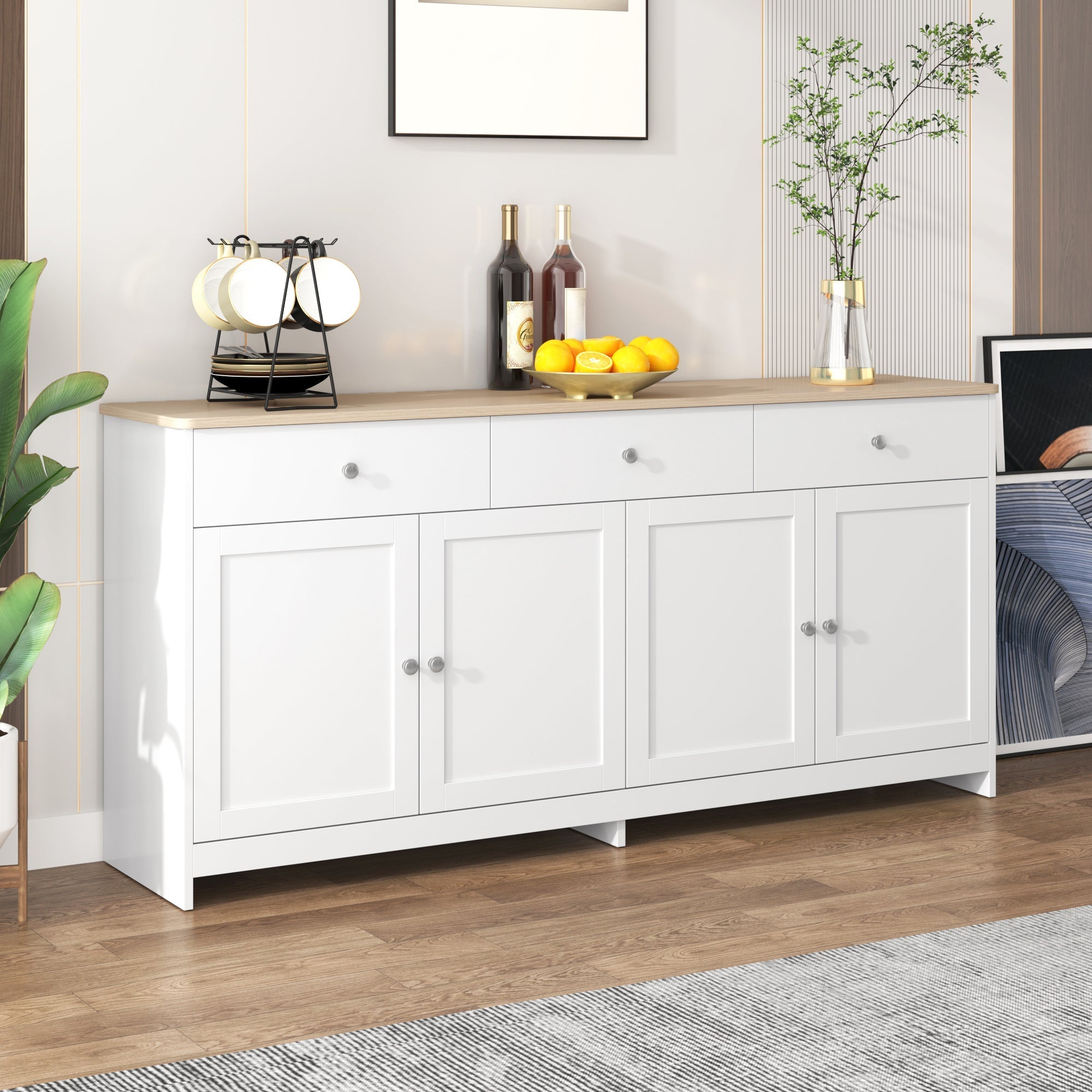 Sideboard Buffet Cabinet with 4 Doors and 3 Drawers, White Wood Grain and Natural Wood Color