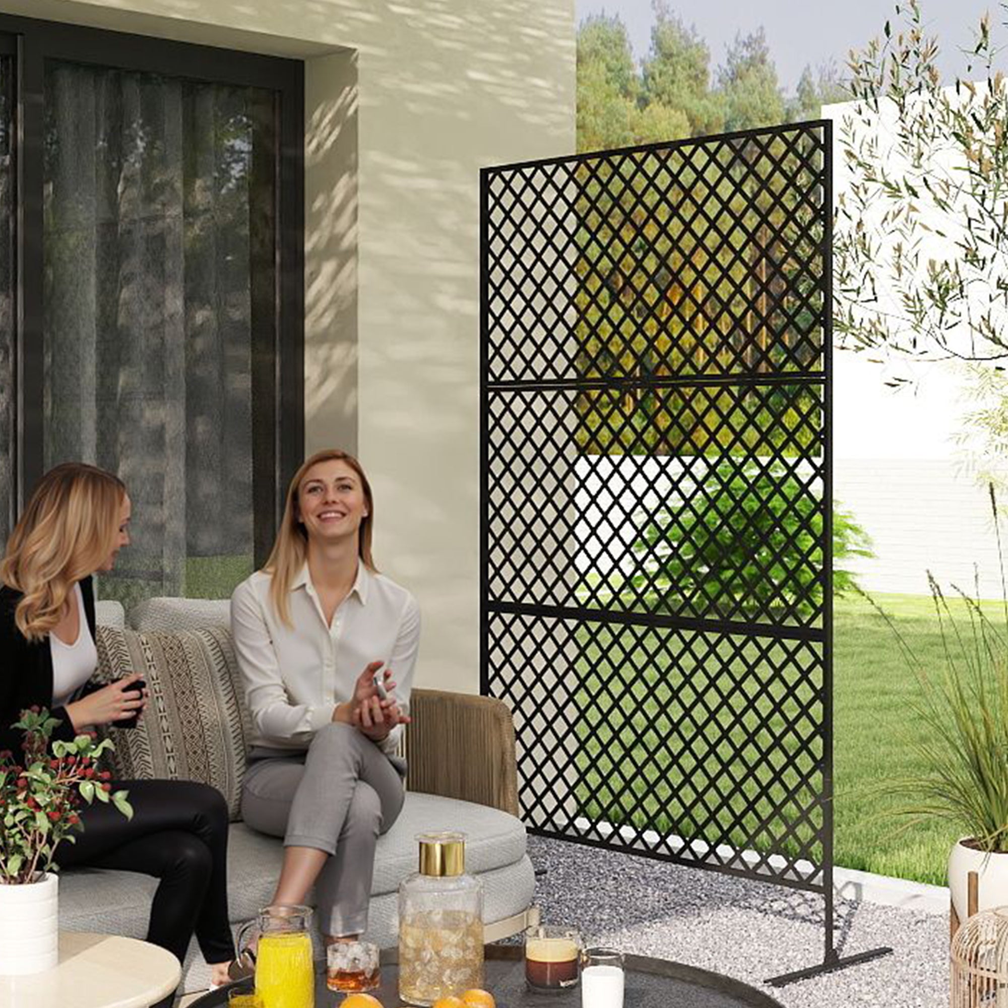 3-Panel Room Divider 122x198cm Freestanding Grid Screen, Steel, Black