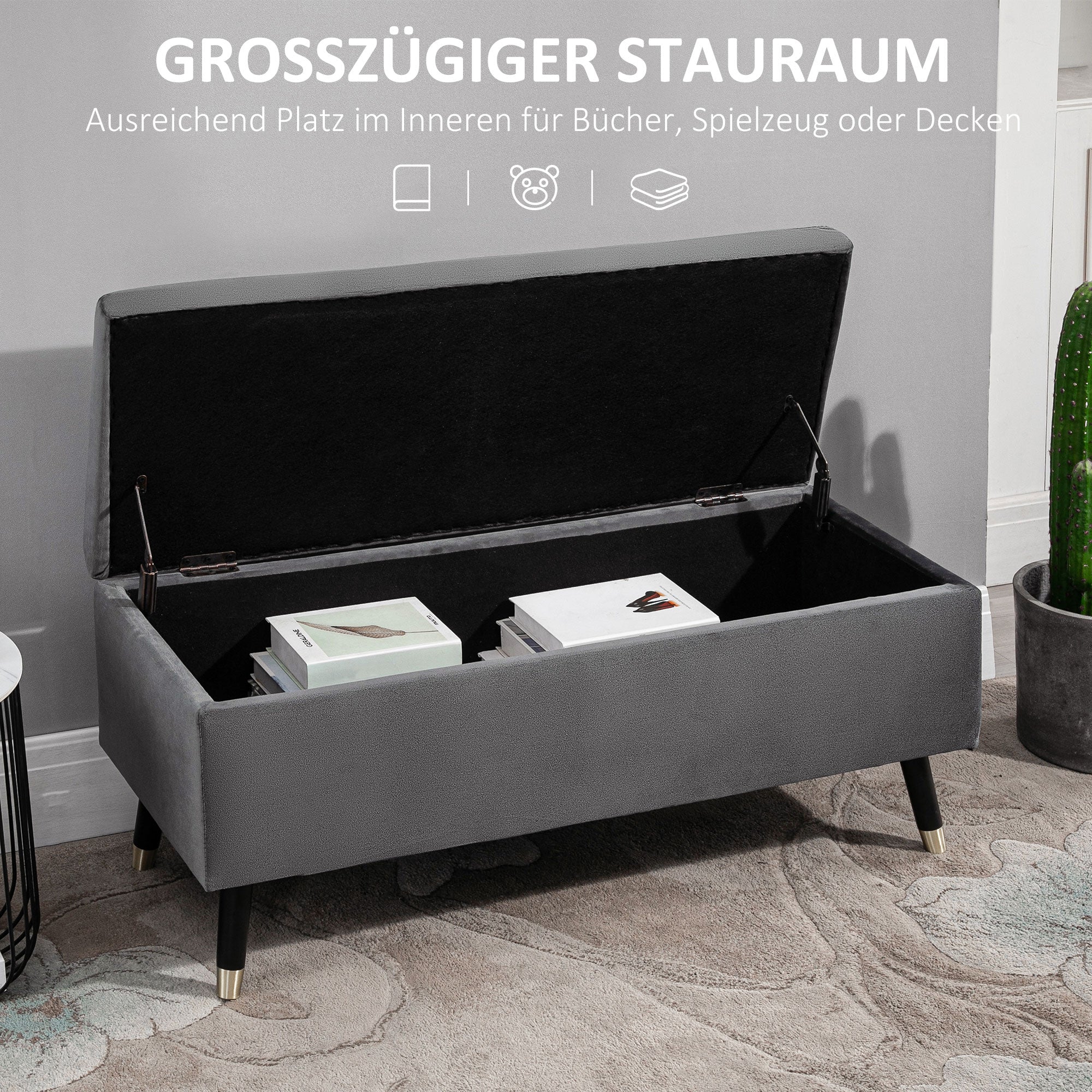 Upholstered bench with storage space, metal and rubber wood, charcoal grey