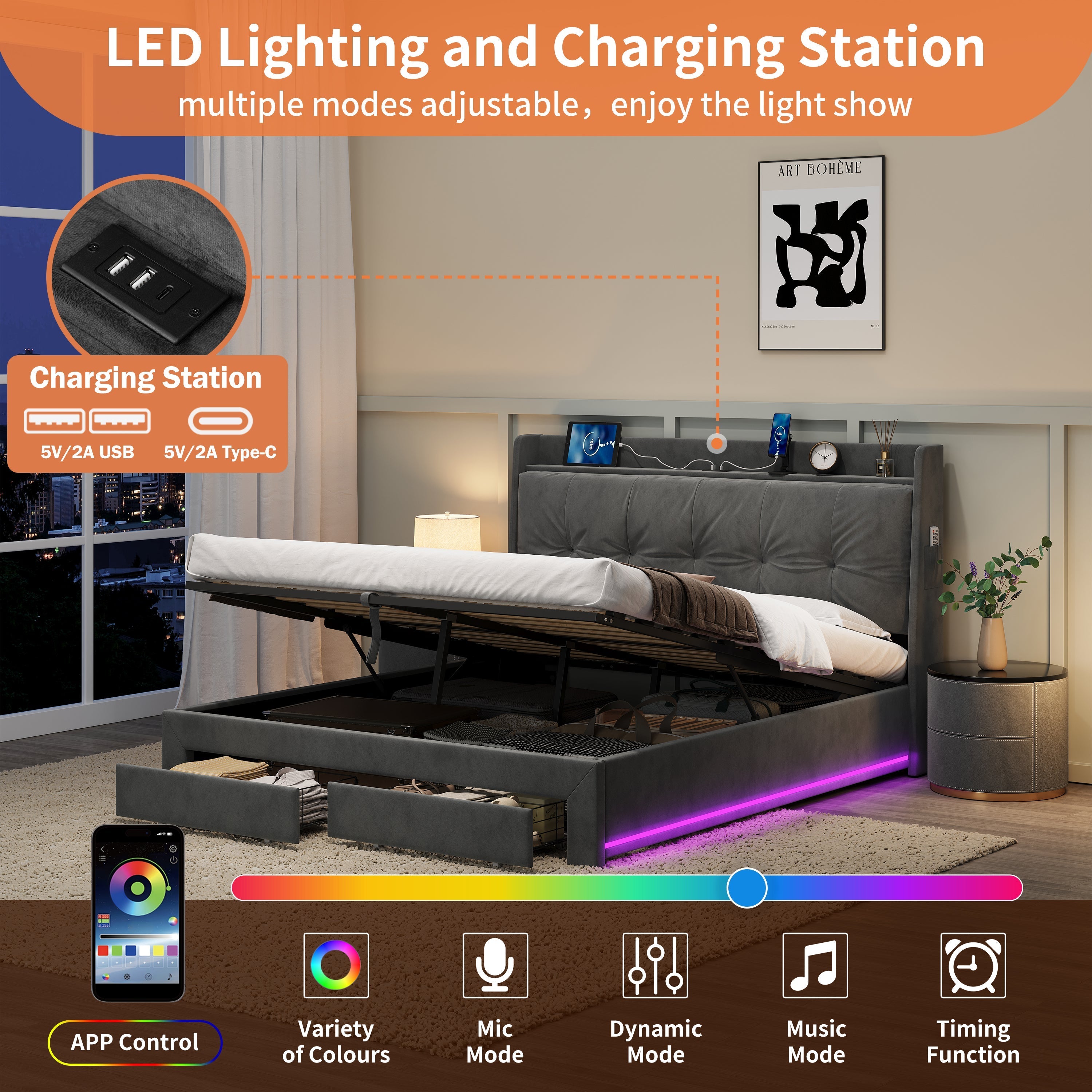5ft King Upholstered Bed Frame with Hydraulic Storage, Charging Station, and RGB LED Lighting, Velvet Grey