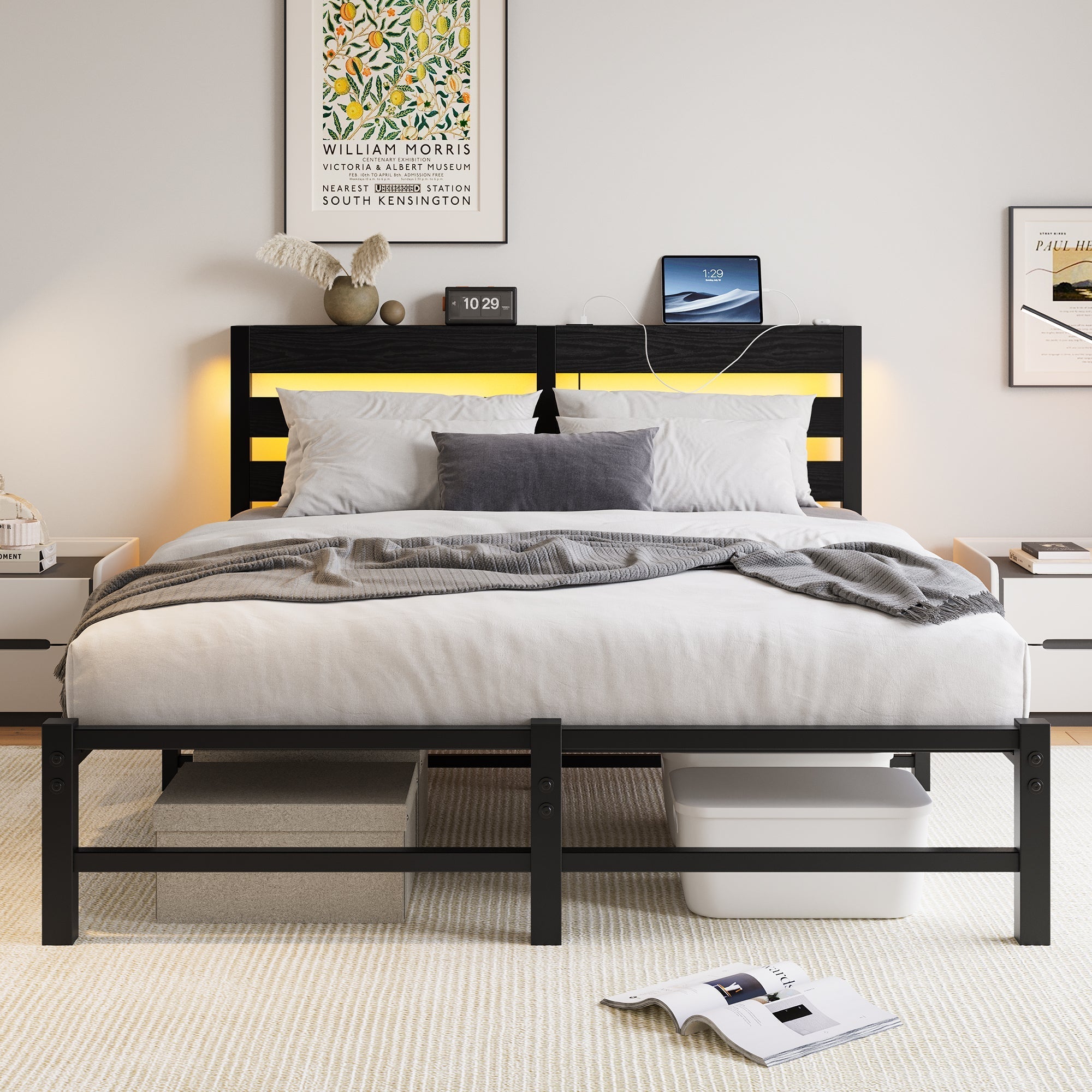 Metal Bed Frame 140x190cm LED USB Charging Storage - Metal