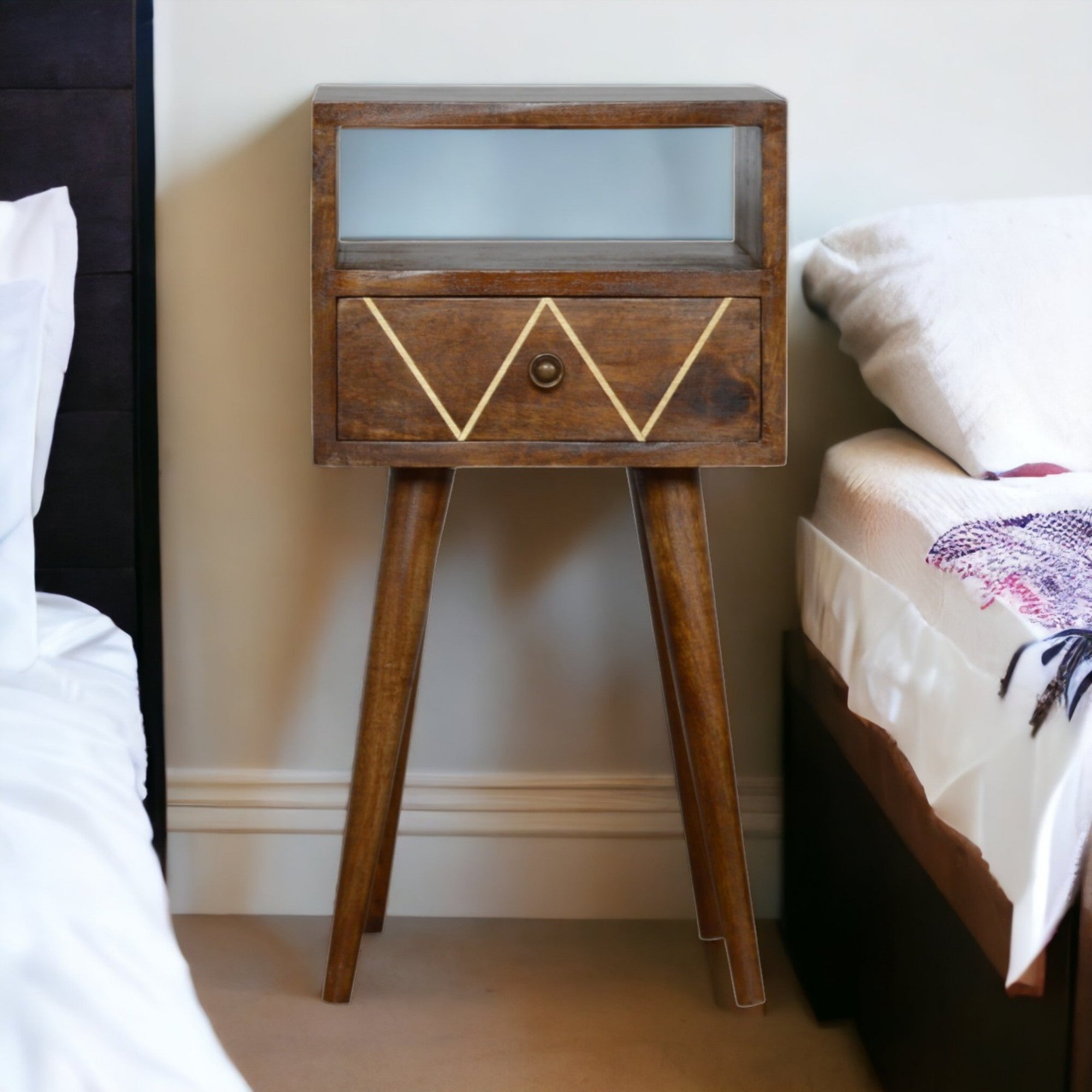 Solid Wood Mini Geo Bedside, 1 Drawer and Open Shelf, Dark Brown
