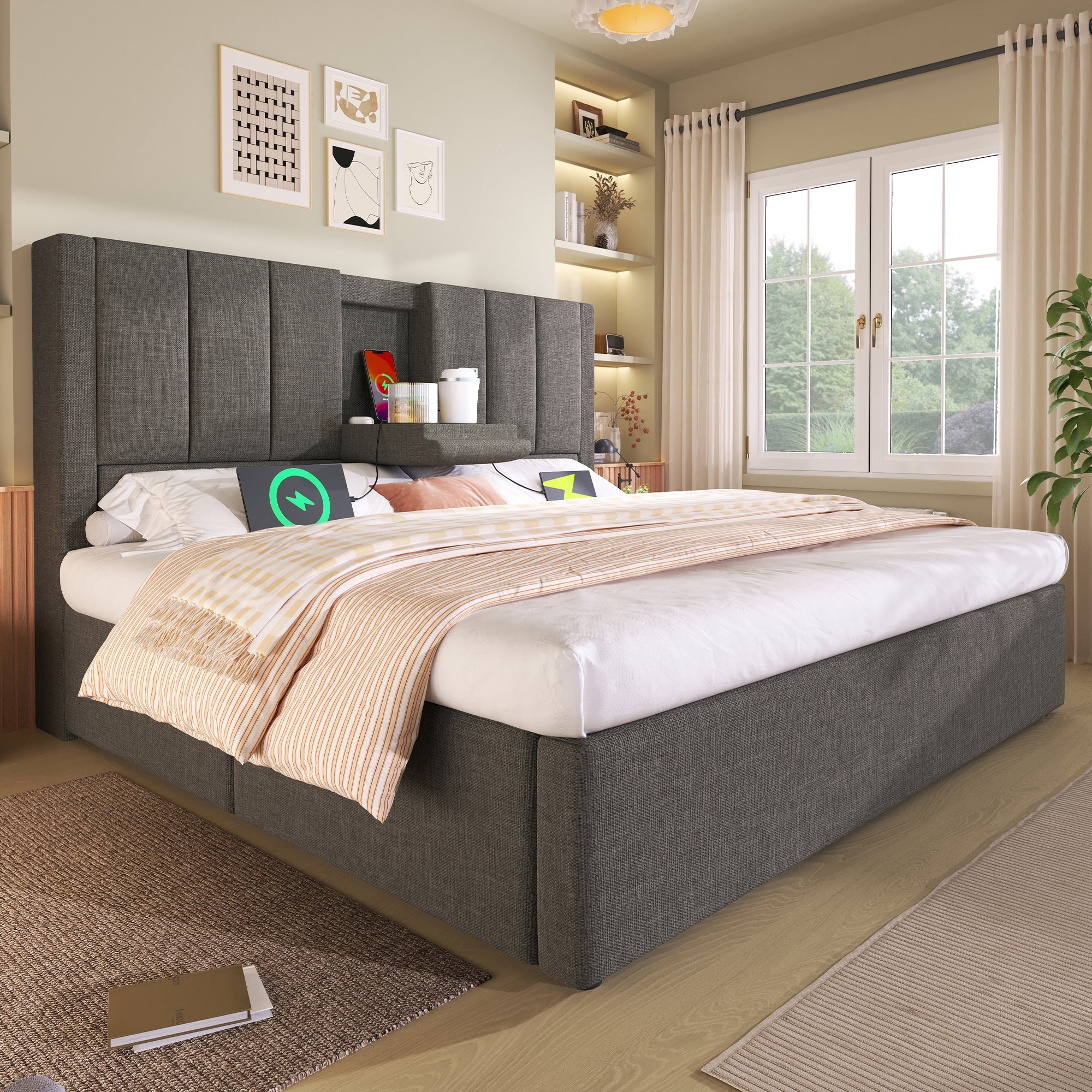 Upholstered Bed 140x200cm Hydraulic Storage with Charging Station and Cup Holder Linen Grey
