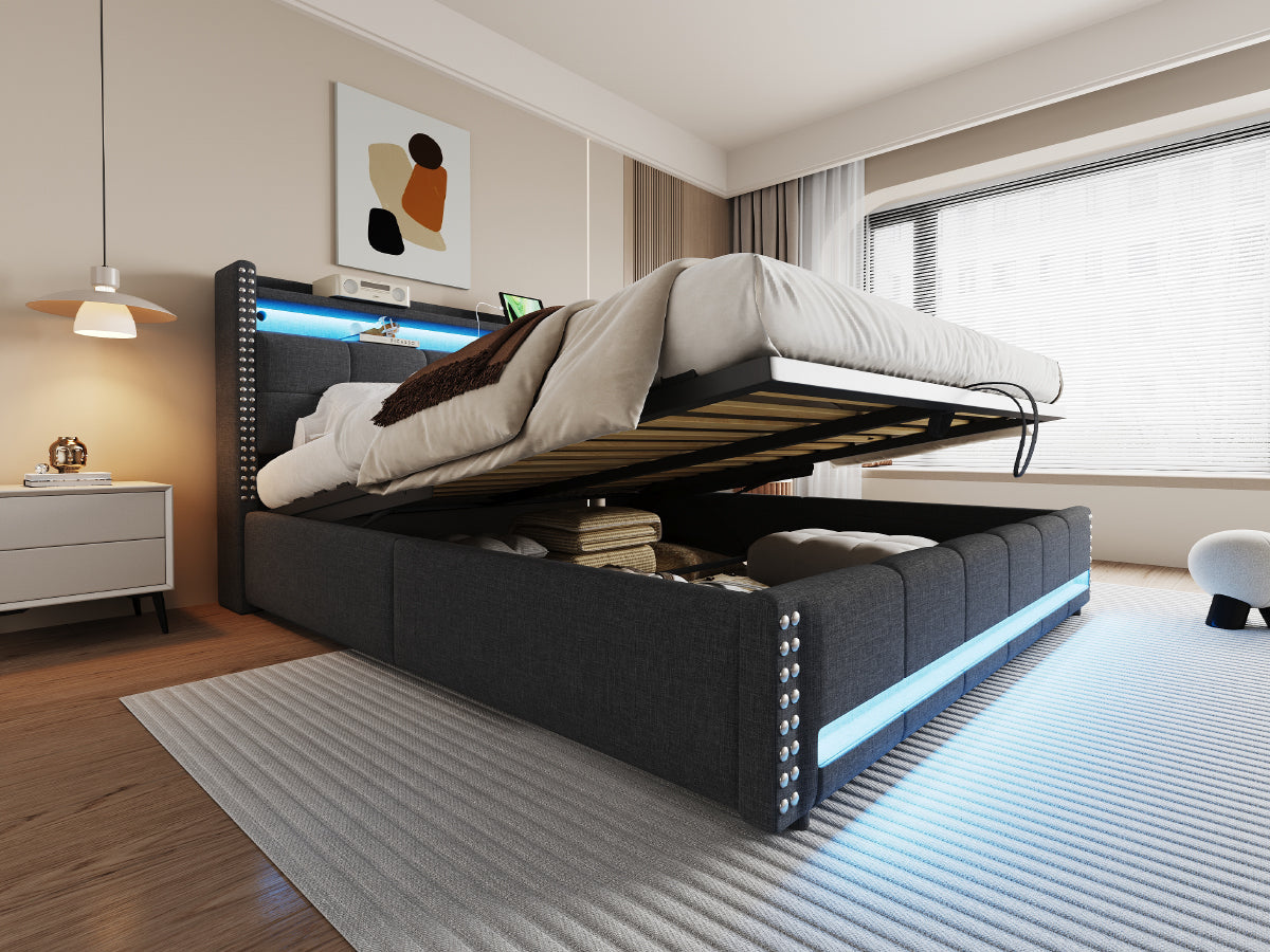 Upholstered Modular Bed with LED Headboard, USB Port and Hydraulic Storage, Gray Linen Fabric