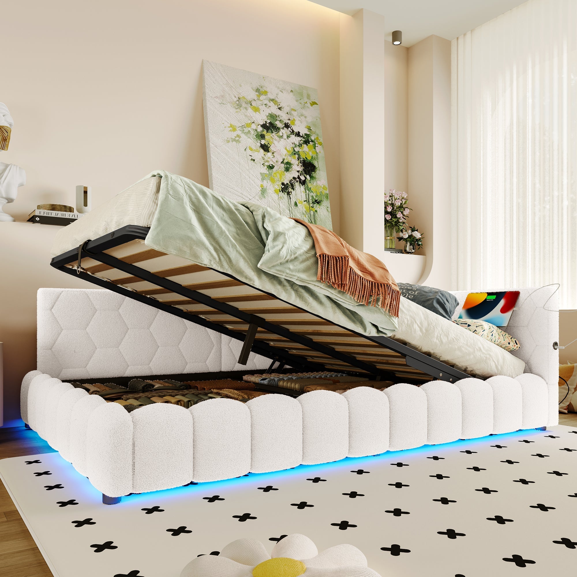 Daybed Sofa Bed 140x200cm Hydraulic Storage LED USB/Type-C Fleece Imitation White