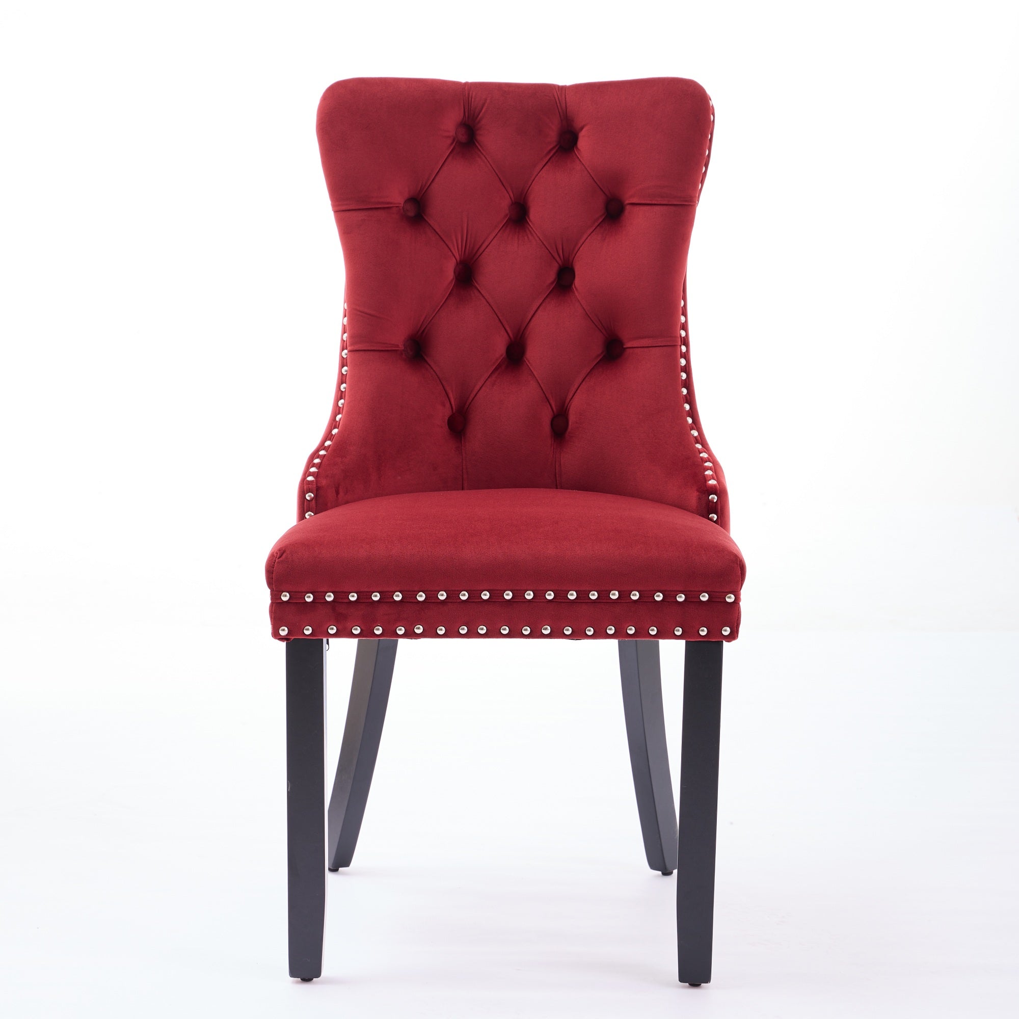 Classic Velvet Dining Chairs Tufted Solid Wood Legs Nailhead - Set of 2 Burgundy