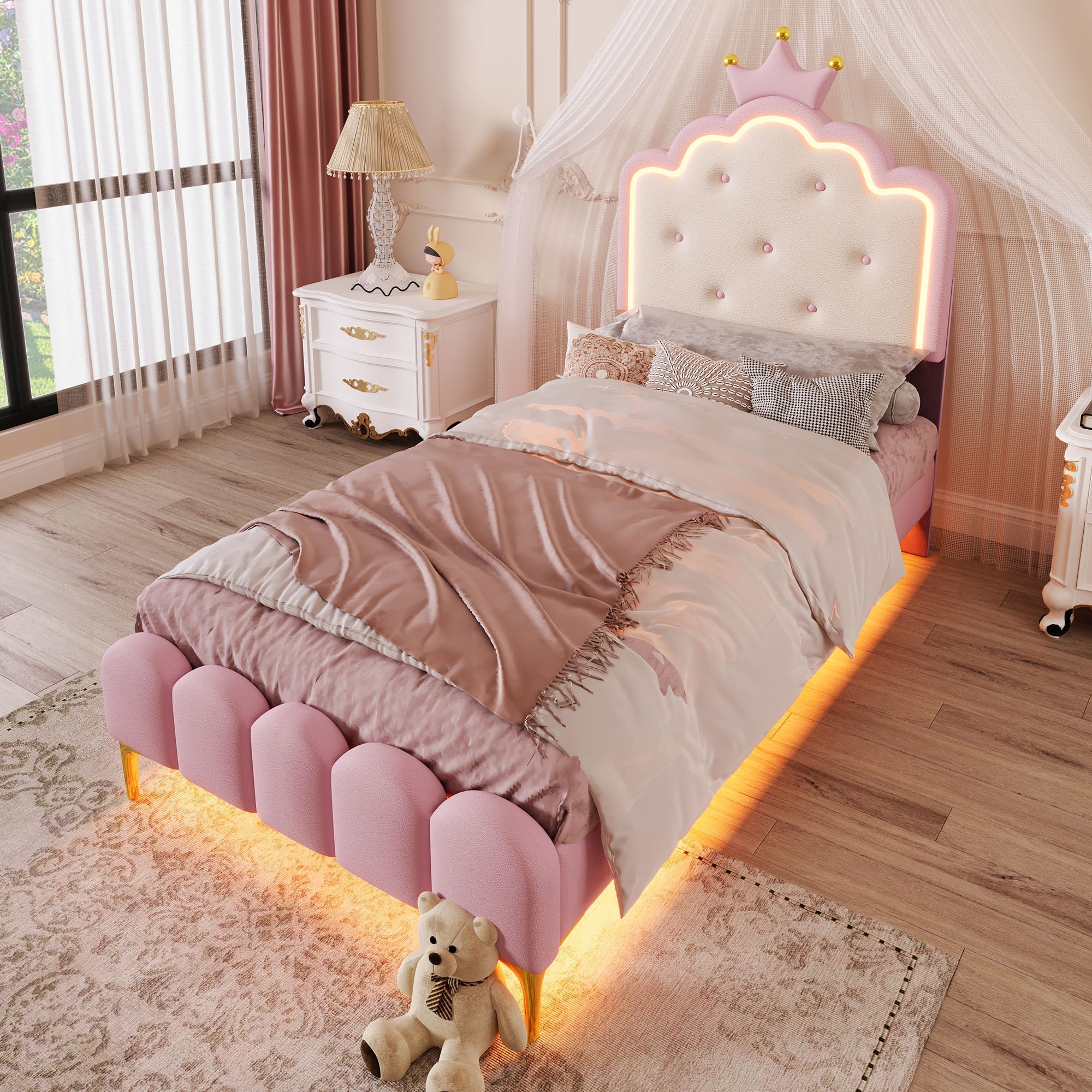 Upholstered Bed Princess Shape 90x200cm Ambient Light Pink PU Material