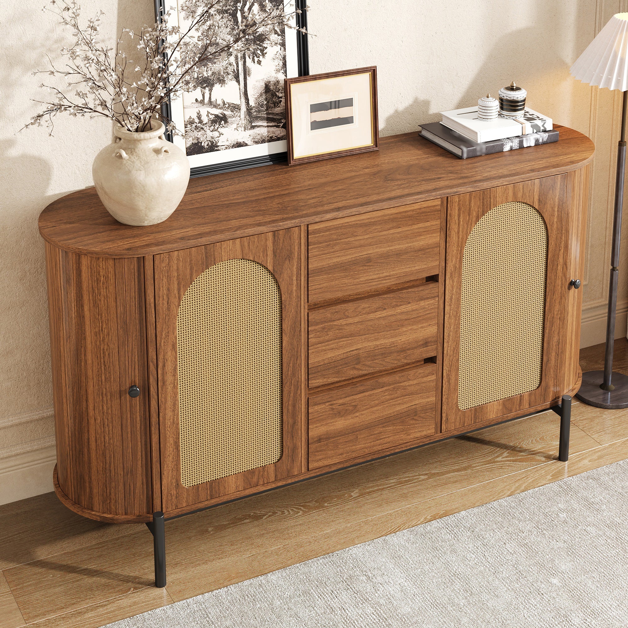 Oval Sideboard with Rattan Sliding Doors and Drawers, Wood Look and Metal