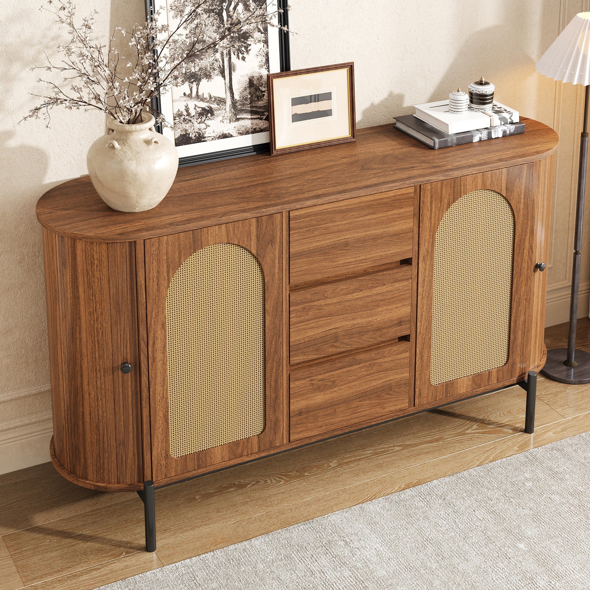 Oval Sideboard with Rattan Sliding Doors and Drawers, Wood Look and Metal