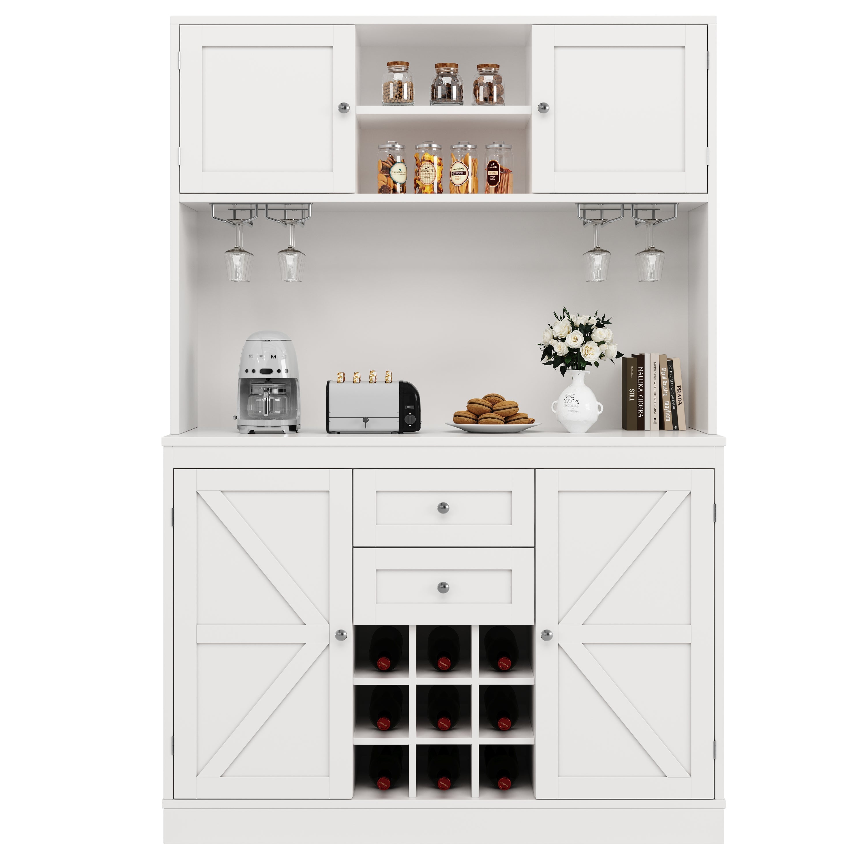 Tall Kitchen Cabinet Buffet with Adjustable Shelves Wine Rack 4 Doors 2 Drawers - White