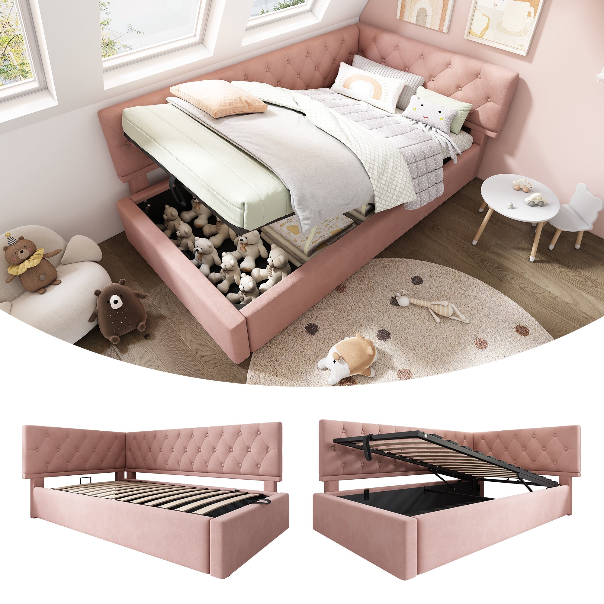 Upholstered Daybed, 90x190cm Sofa Bed with Hydraulic Storage, Velvet Pink