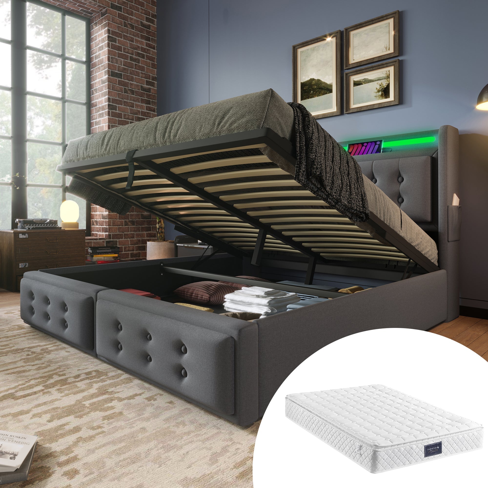 Upholstered Bed 160x200, LED Headboard with USB C, Hydraulic, 300kg Load, Gray Cotton