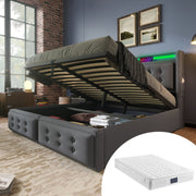Upholstered Bed 140x200, Hydraulic Storage LED/USB Headboard, Grey Cotton (with Mattress)