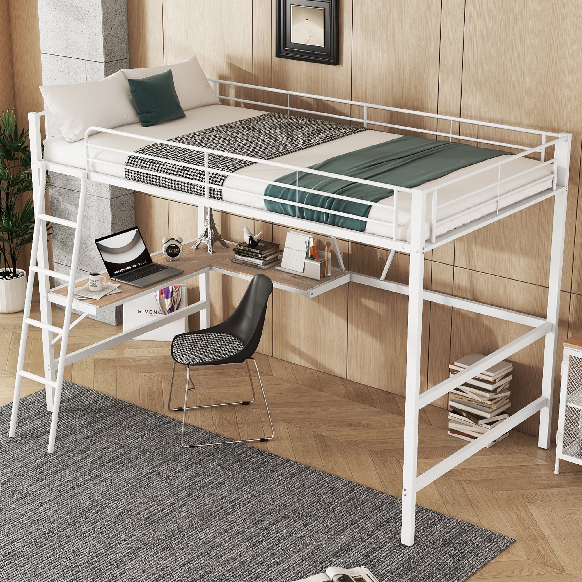 Loft Bed with L-Shaped Desk and Shelf, 90x200cm Metal Frame, White