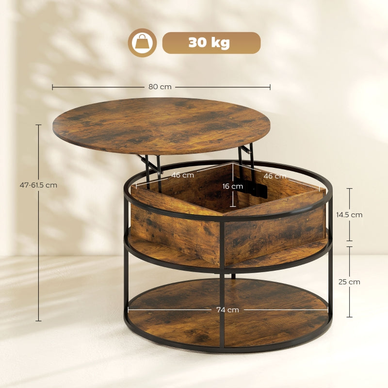 Lift Top Coffee Table, Round Storage Shelf Steel Frame, Brown
