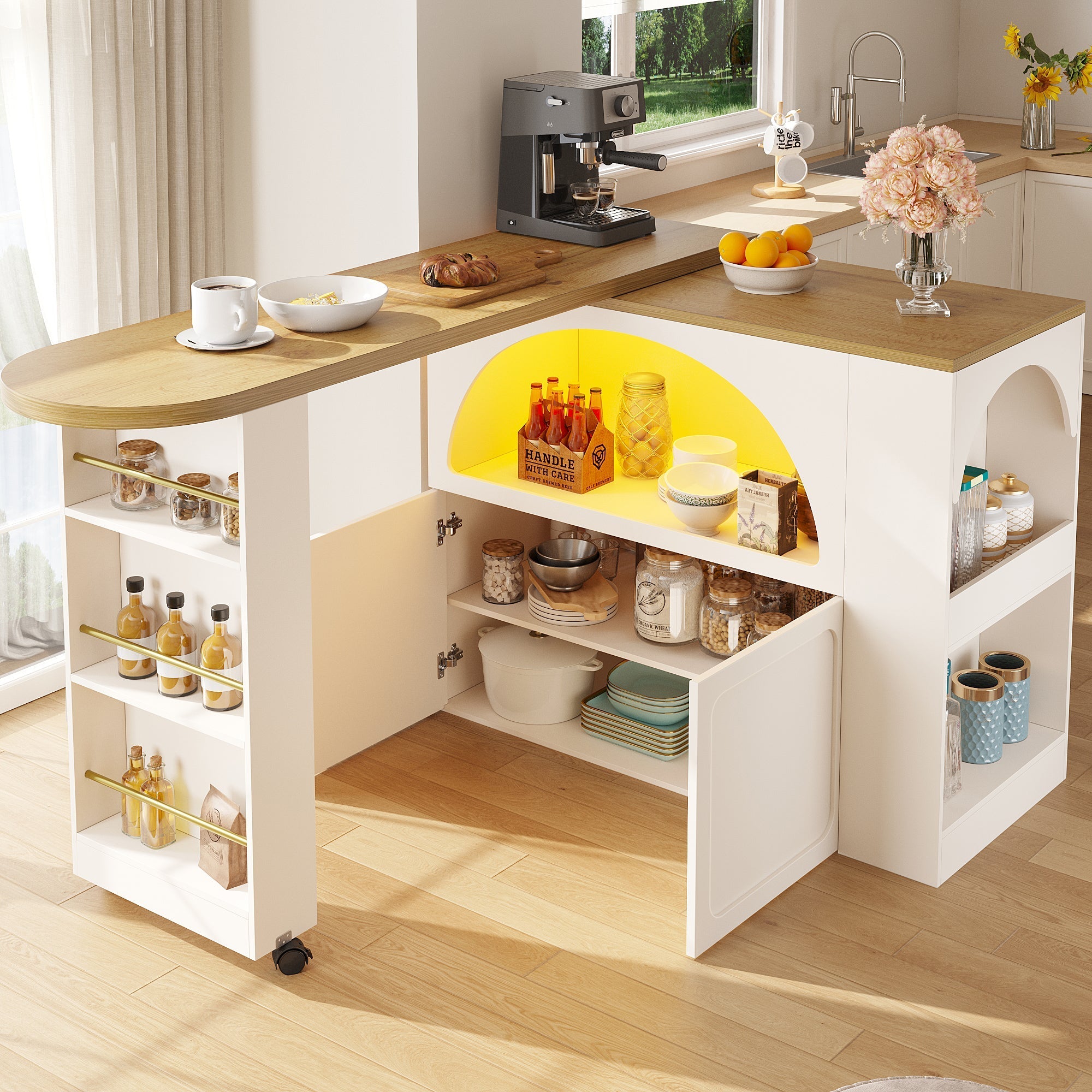 Extendable Bar Table Storage LED Curved Door Design - White