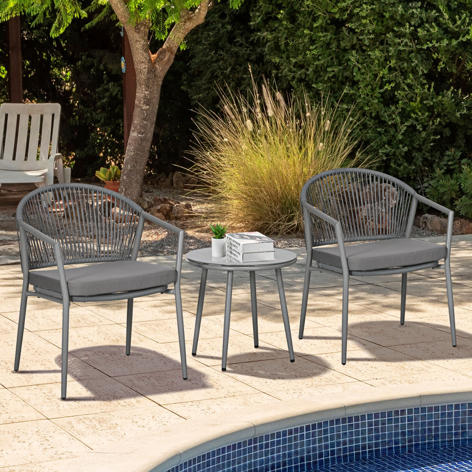 Seating Group 2 Chairs Coffee Table Balcony Furniture Steel Grey