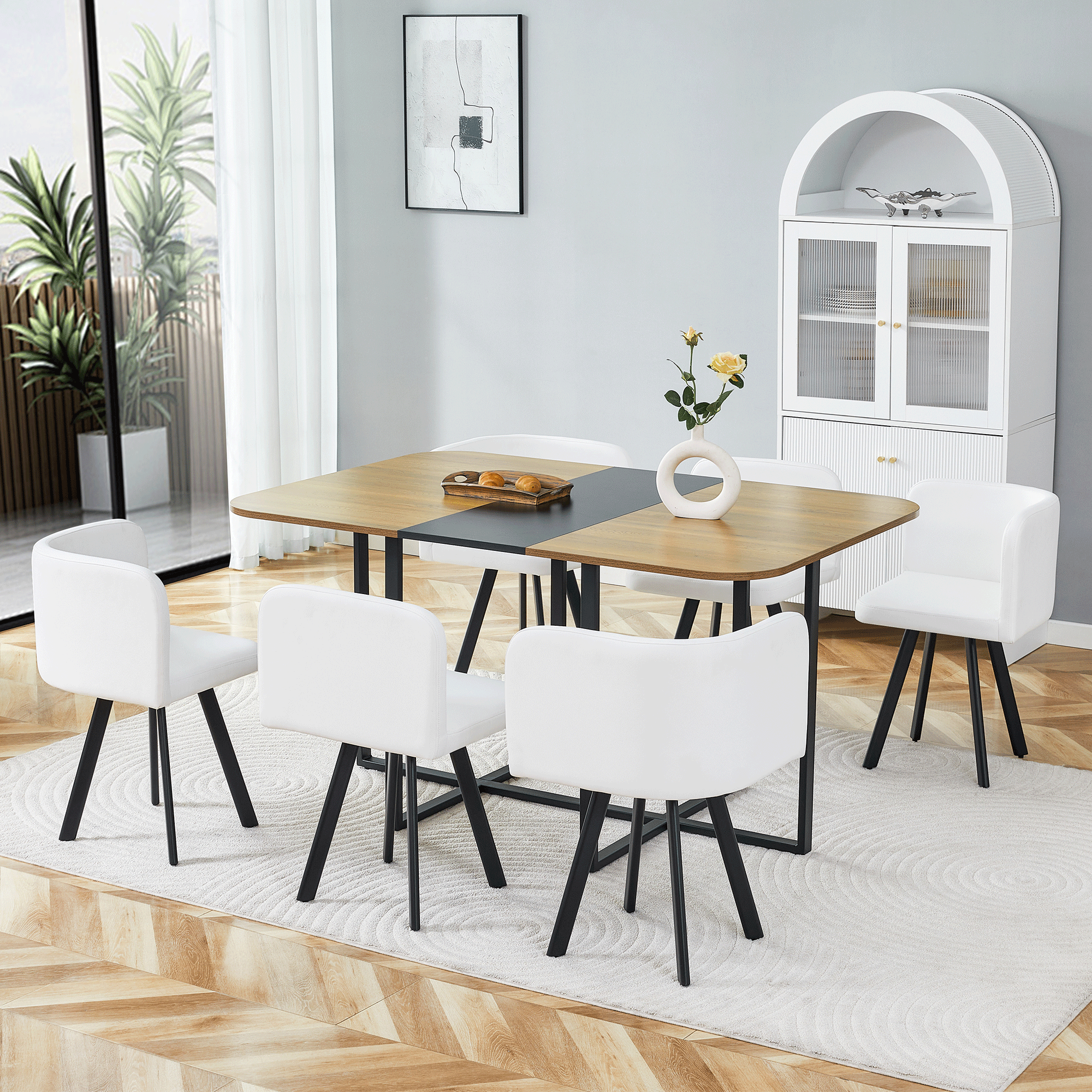 Dining Table Set Extendable Table Stowable Chairs 4-6 Seater - Wood Grain/Black Metal