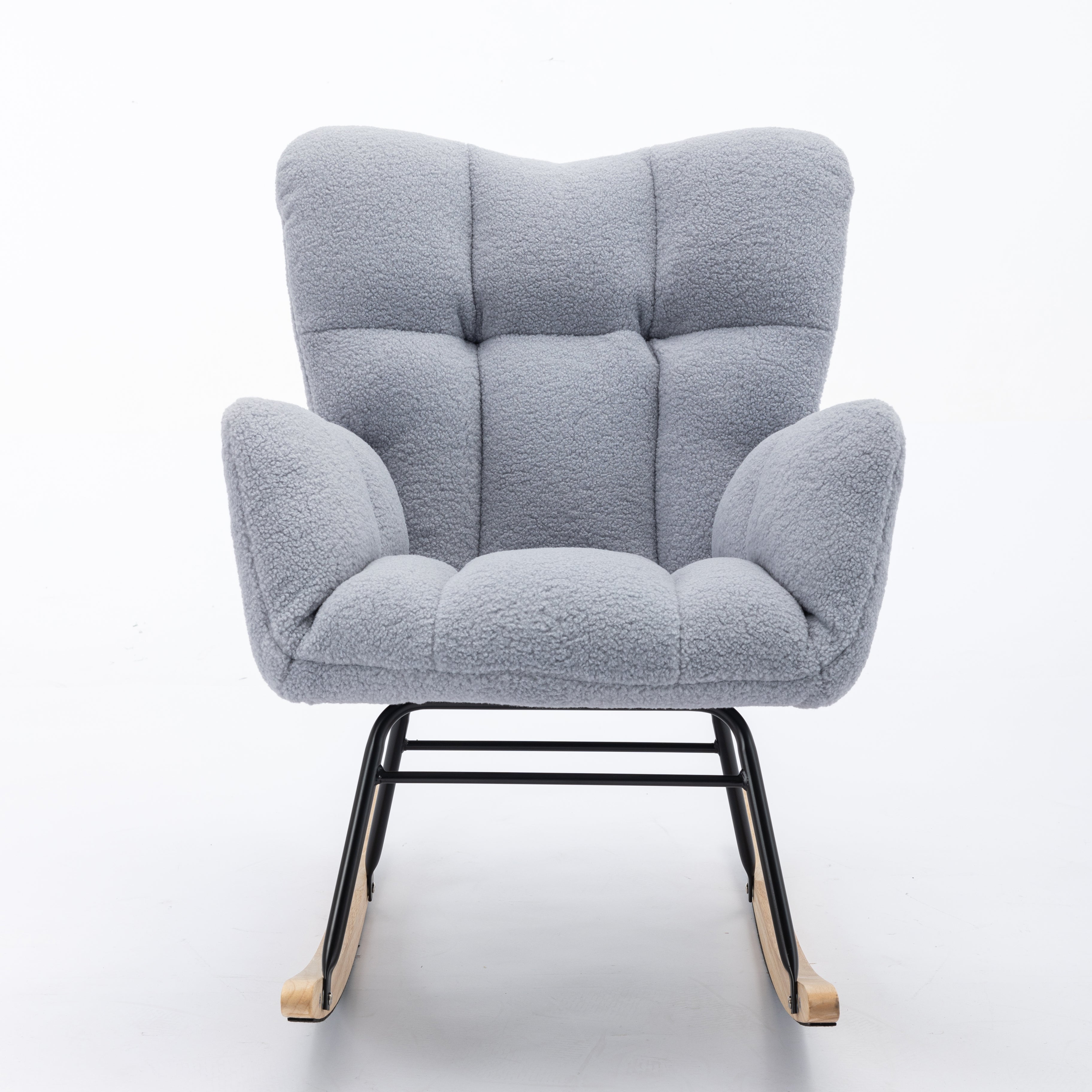 Mid century modern rocking chair with tufted cover and padded seat, light grey