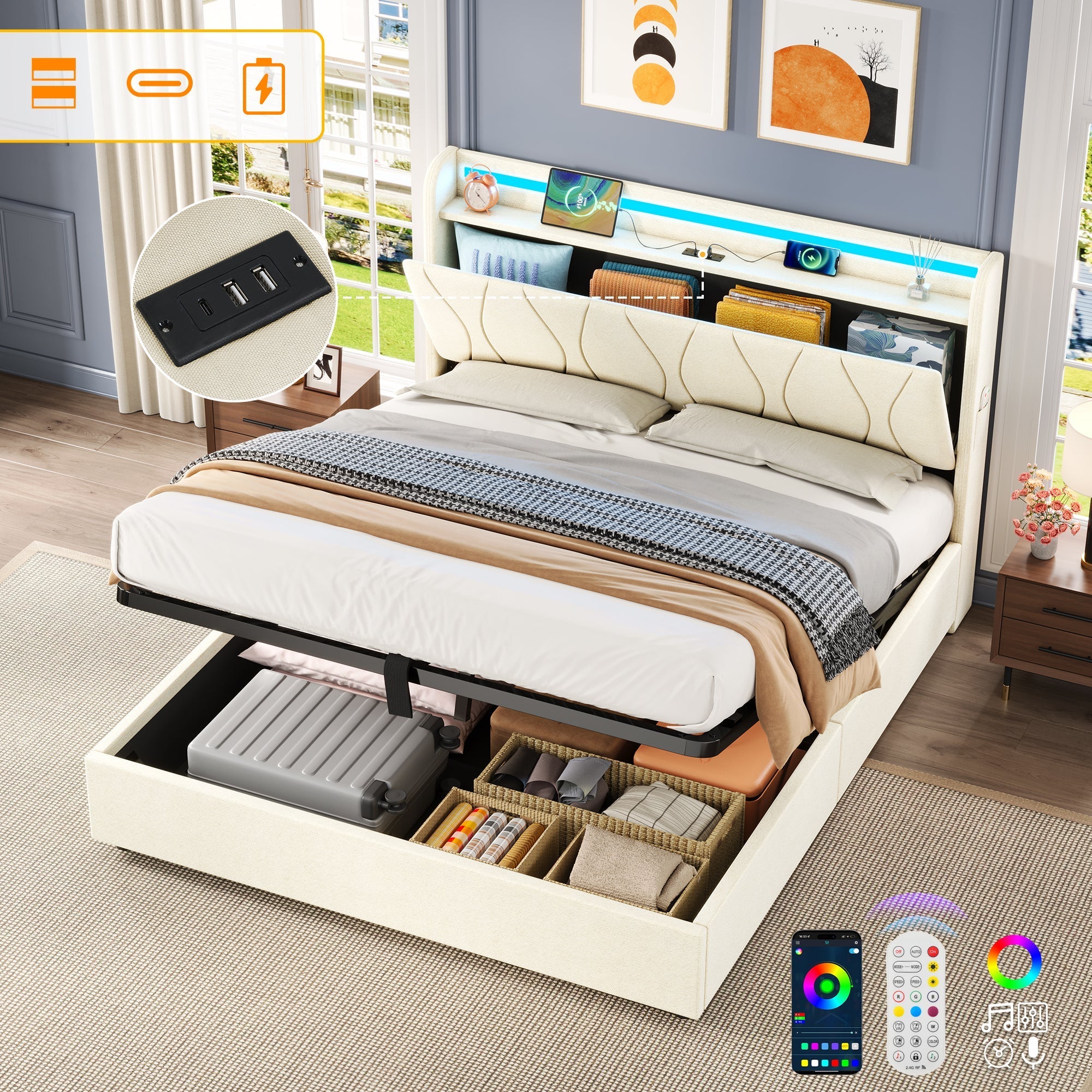 4ft6 Double Upholstered Bed Frame with Hydraulic Storage, LED Headboard, Charging Station, Concealed Storage, Linen Beige