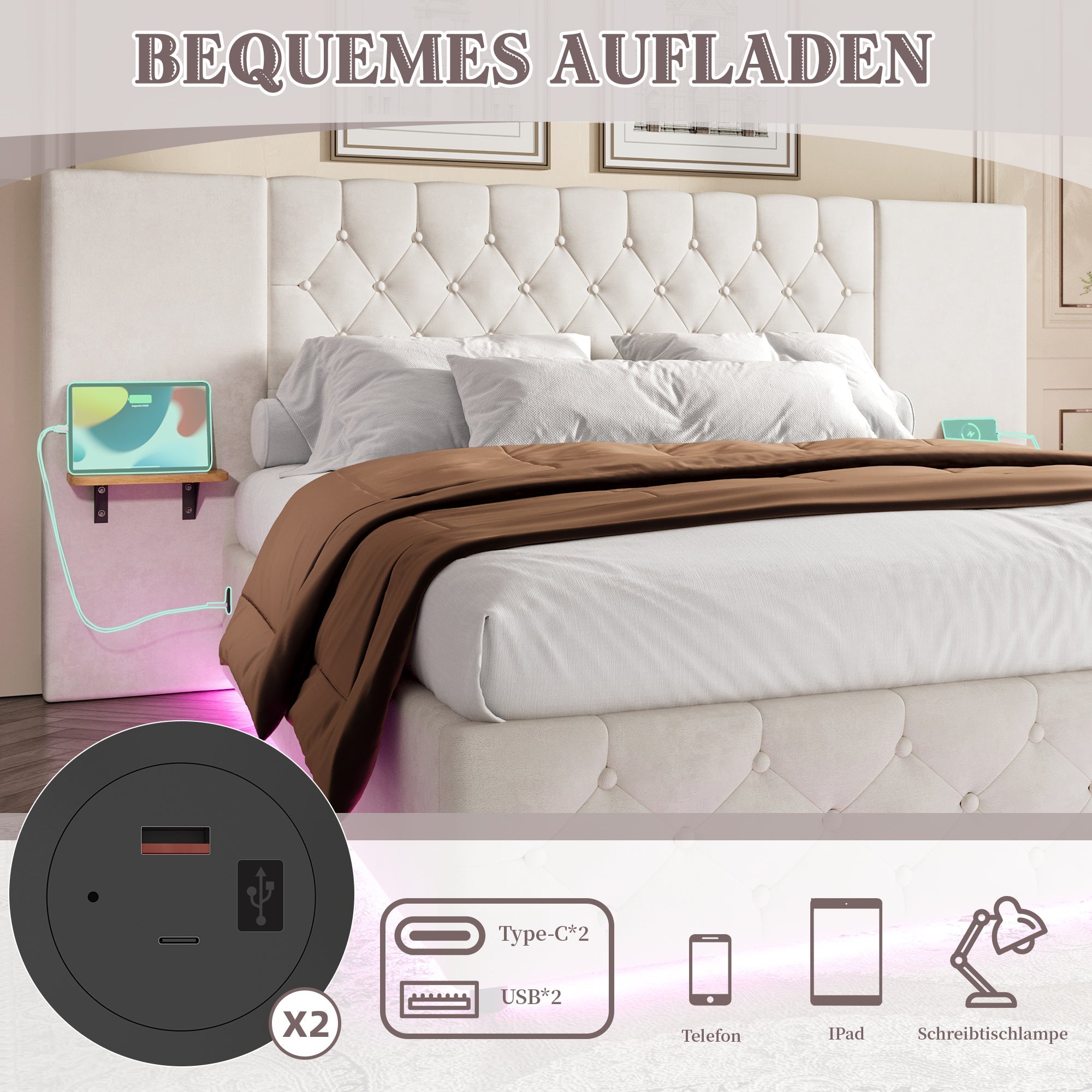 Bed Frame, 160x200cm LED & USB, Hydraulic Lift Storage