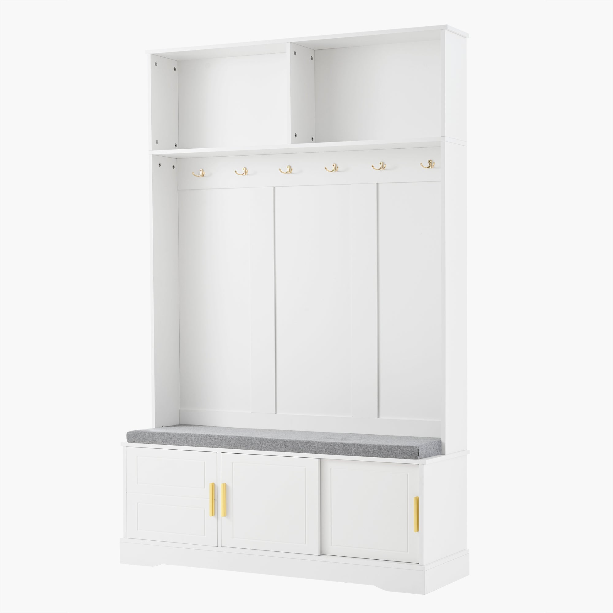 Coat rack with shoe bench, wardrobe, 6 triple hooks, freestanding, space-saving, white