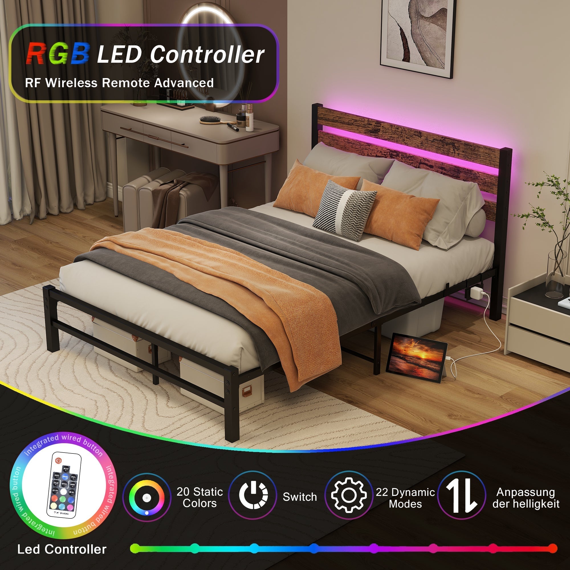 Bed Frame with Headboard, 120x200cm, USB Charging Station & LED, Metal