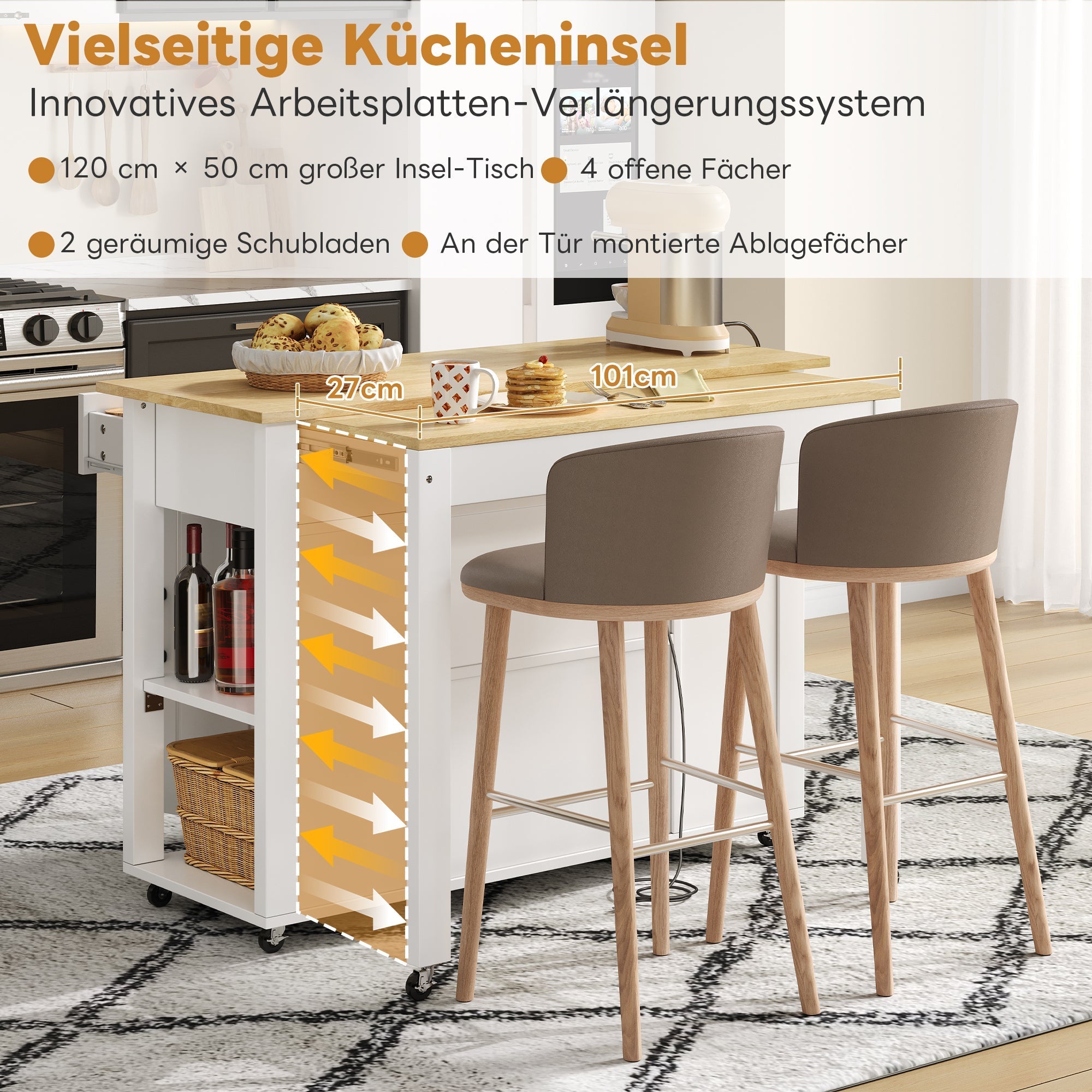 Mobile Kitchen Island with Power Outlets and Extendable Bar Counter, Wood Look