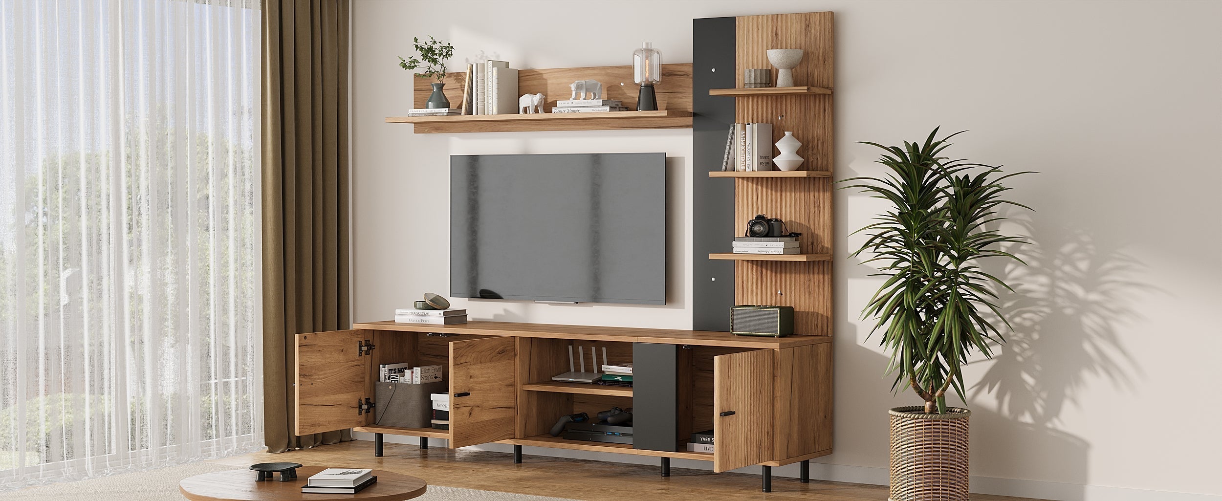 TV Wall Unit Set with Display Cabinet and Open Shelves for TV up to 80", Wood Color and Black