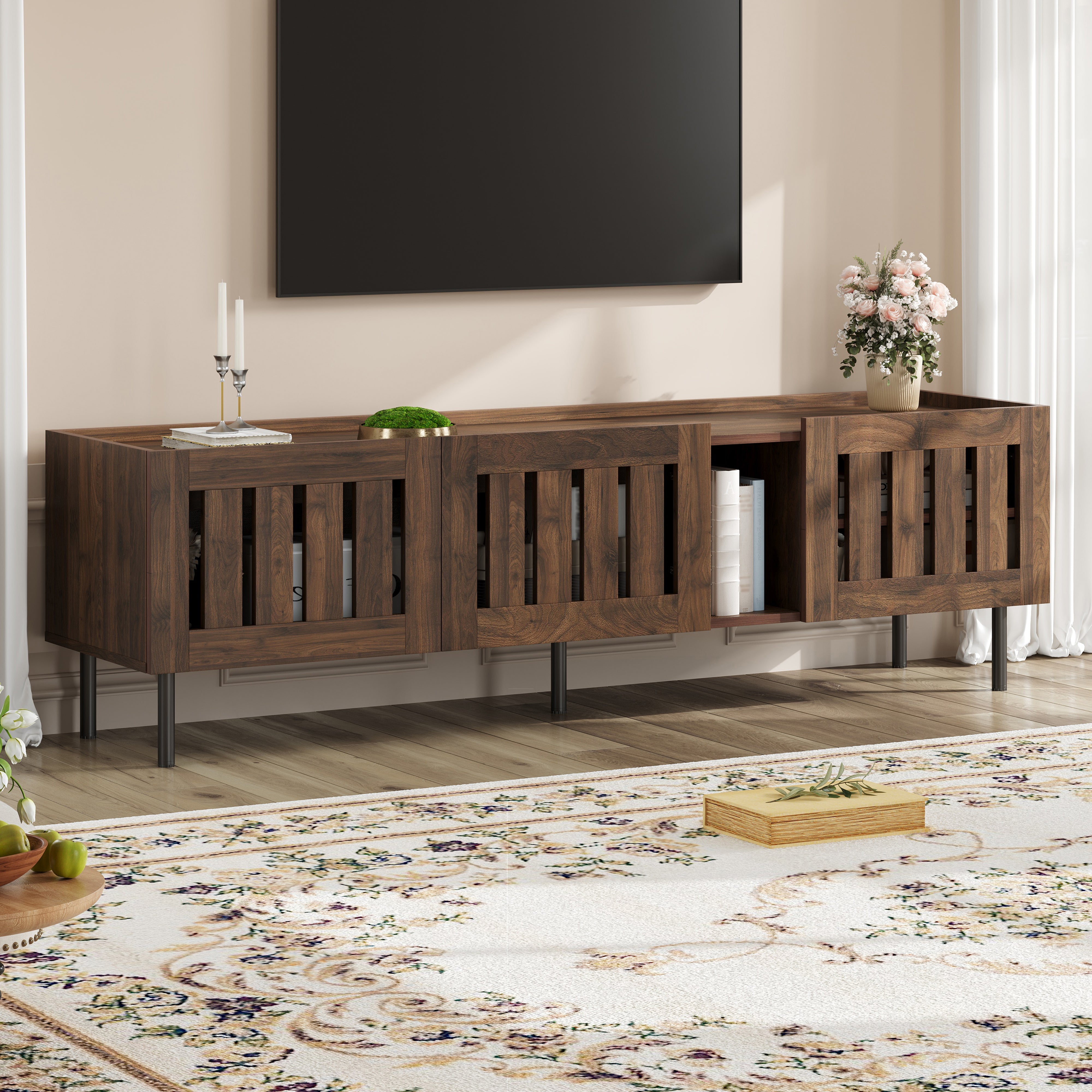 Lowboard Minimalist TV Stand 160cm for 65-inch TV Walnut Wood Finish
