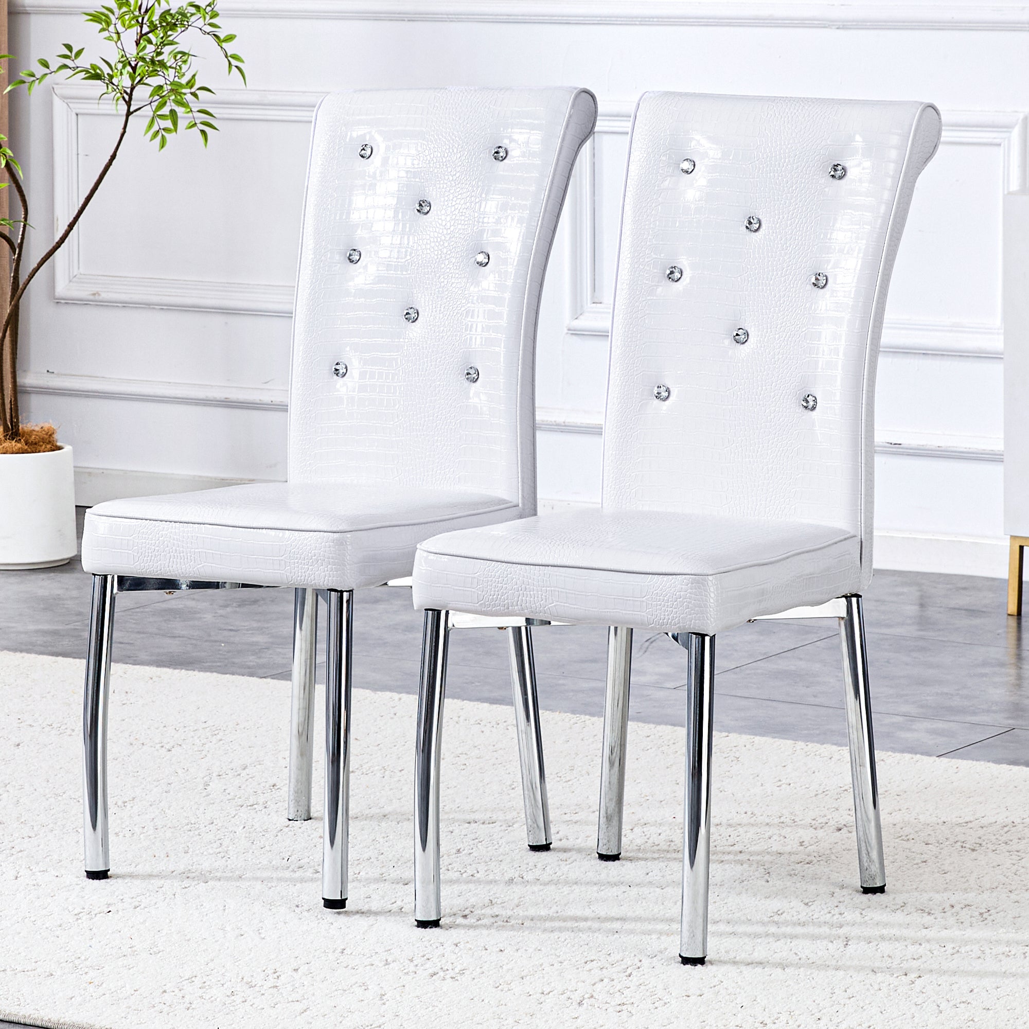 Set of 2 Dining Chairs, Retro Alligator Skin Upholstered Crystal Buckle Metal Legs, Faux Leather