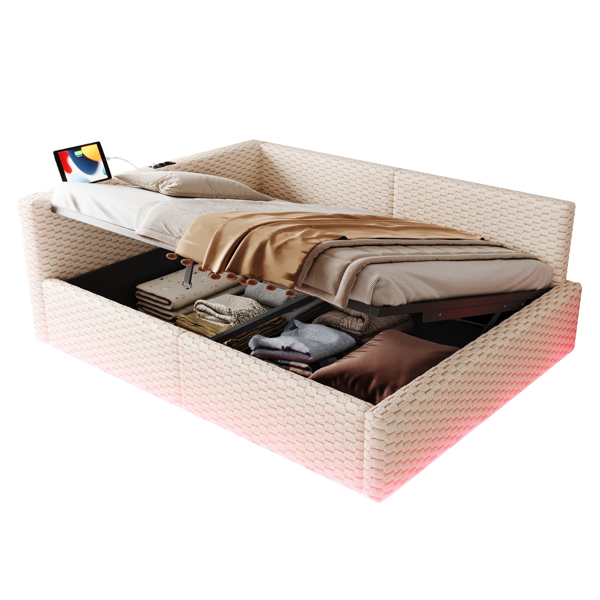 Upholstered Bed 140x200cm with LED, USB, L-Shaped Backrest and Hydraulic Frame, Beige Velvet