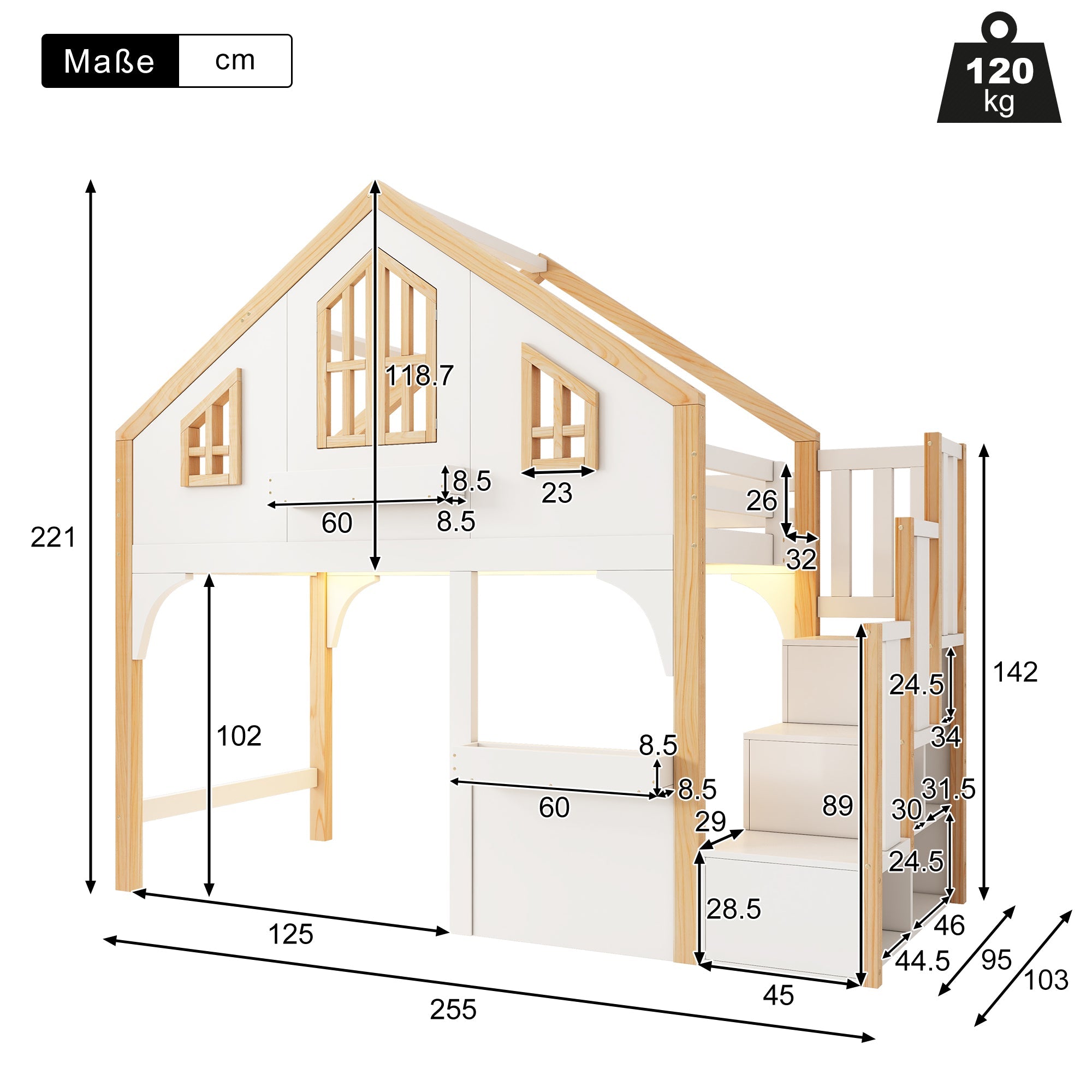 Bunk Bed House 90x200cm Wooden with LED Storage Stairs White + Natural