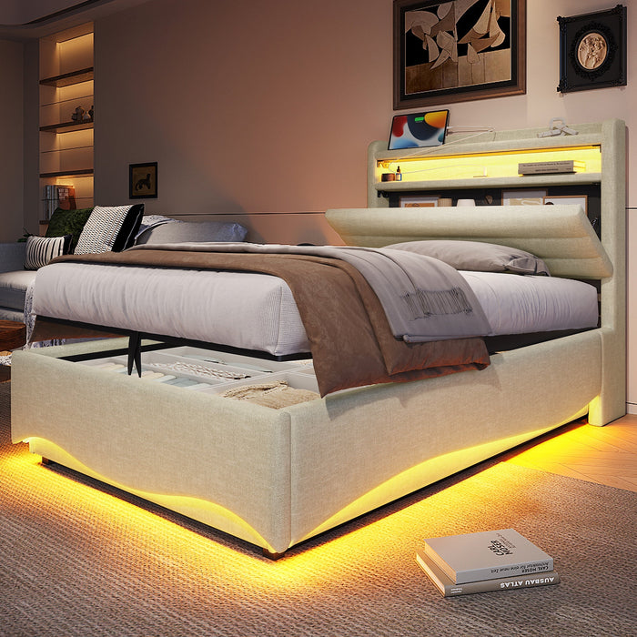 Upholstered Bed with LED Lighting, Hydraulic Storage, and USB Ports, Beige Linen Fabric