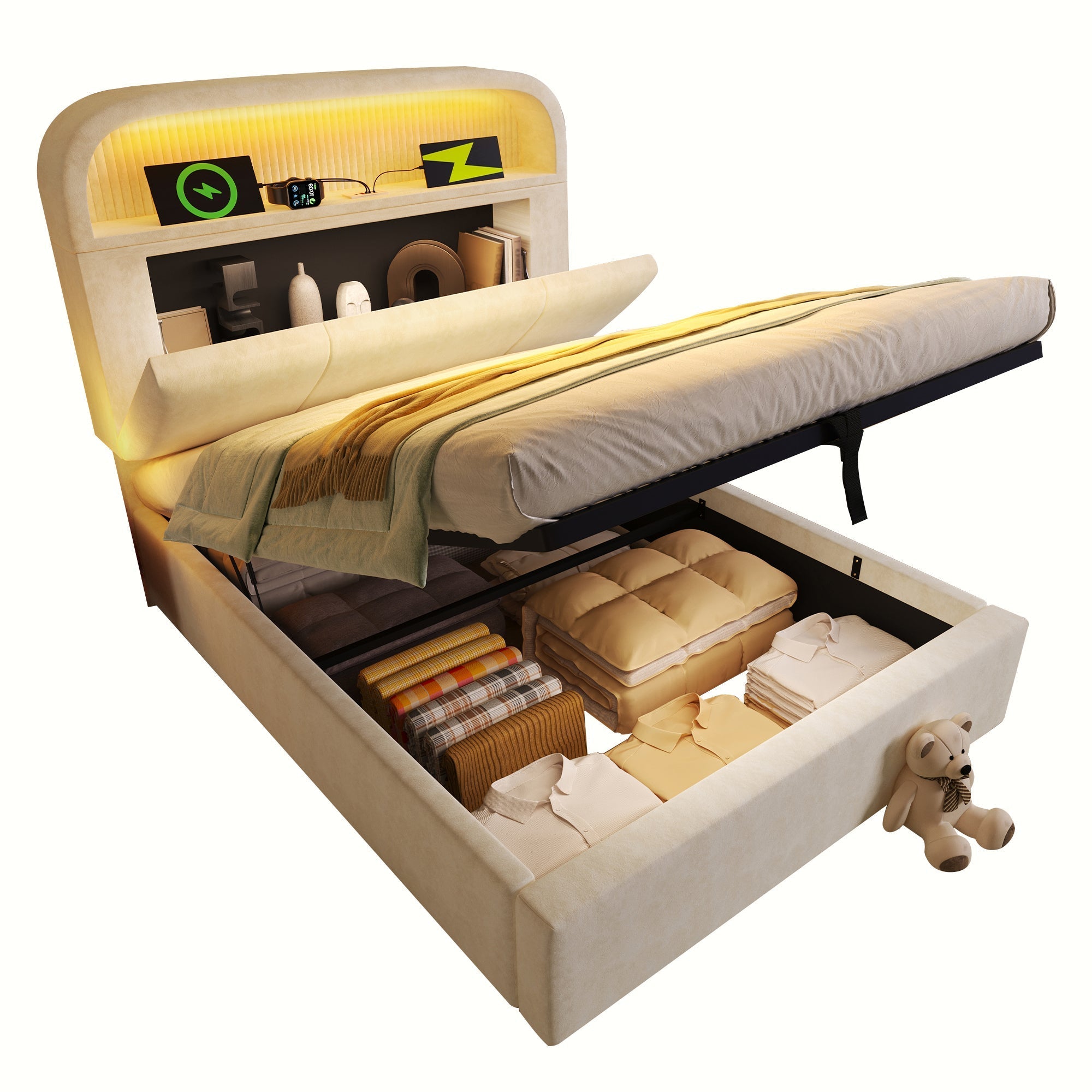 Upholstered Single Bed 90x200cm Adjustable Storage Headboard Hydraulic LED & USB/Type-C Charging Velvet Beige