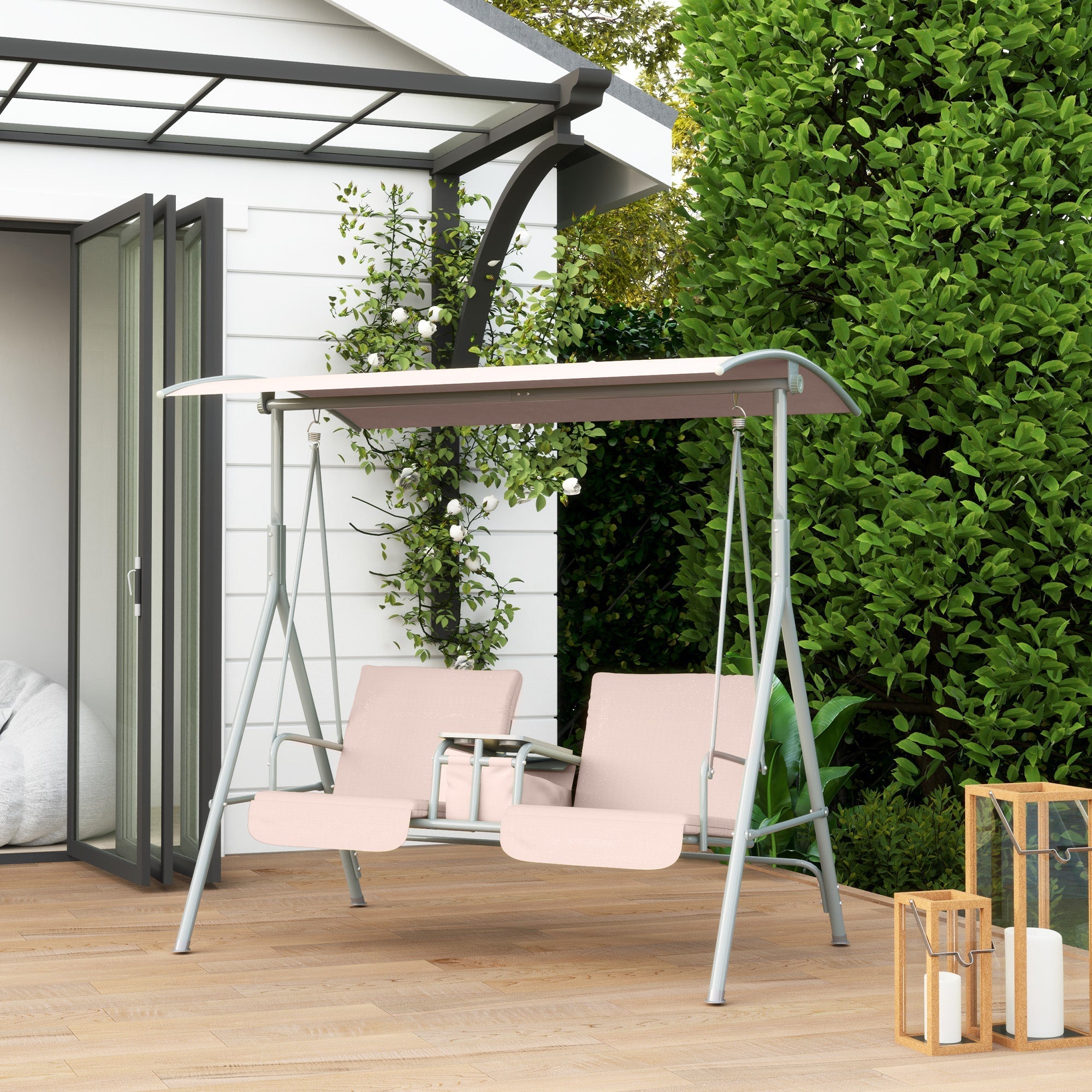 Hollywood Swing 2-Seater with Sunshade, Cup Holder, 180kg Capacity, Beige