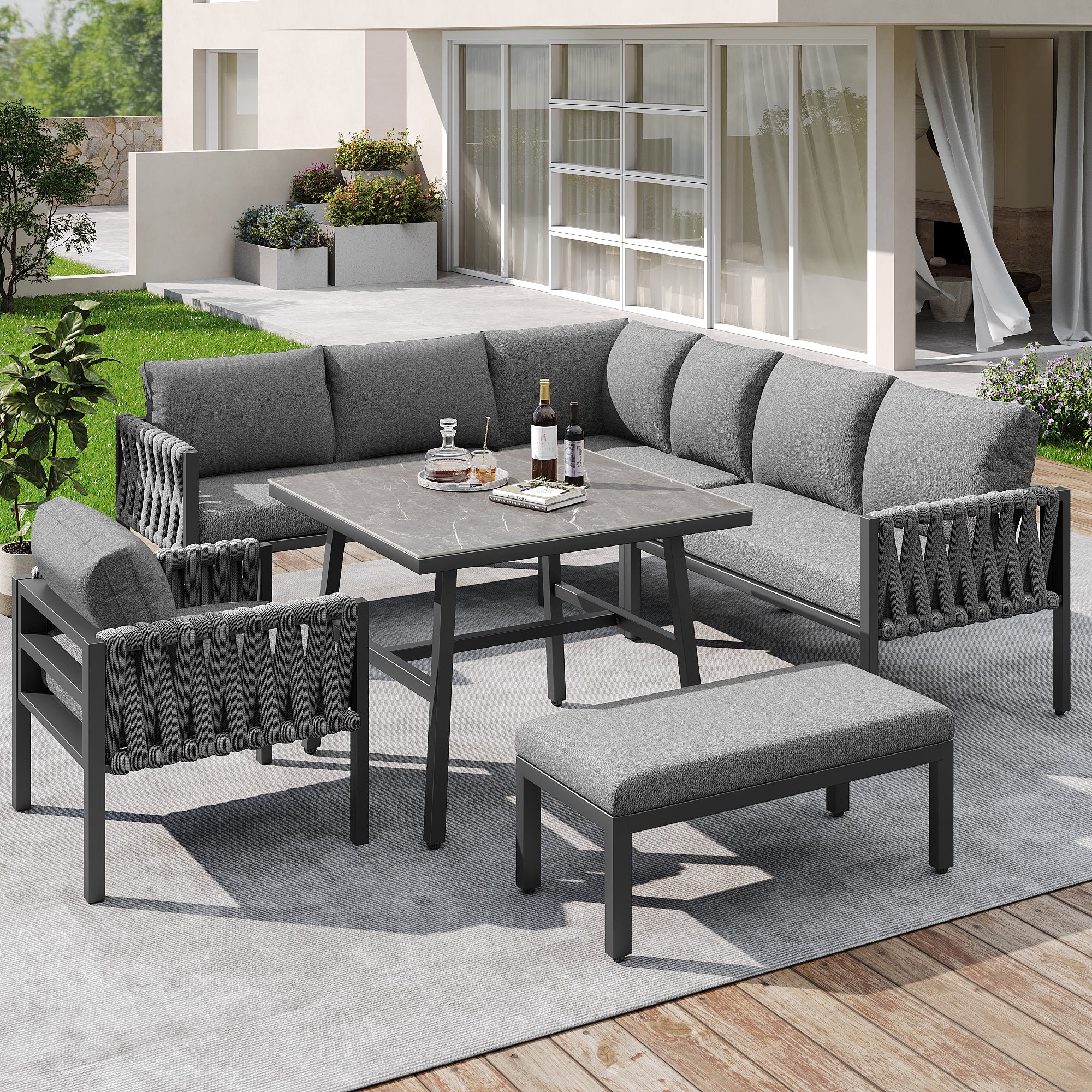 Garden Furniture Set Rope Corner Sofa Adjustable Legs Tempered Glass - Grey