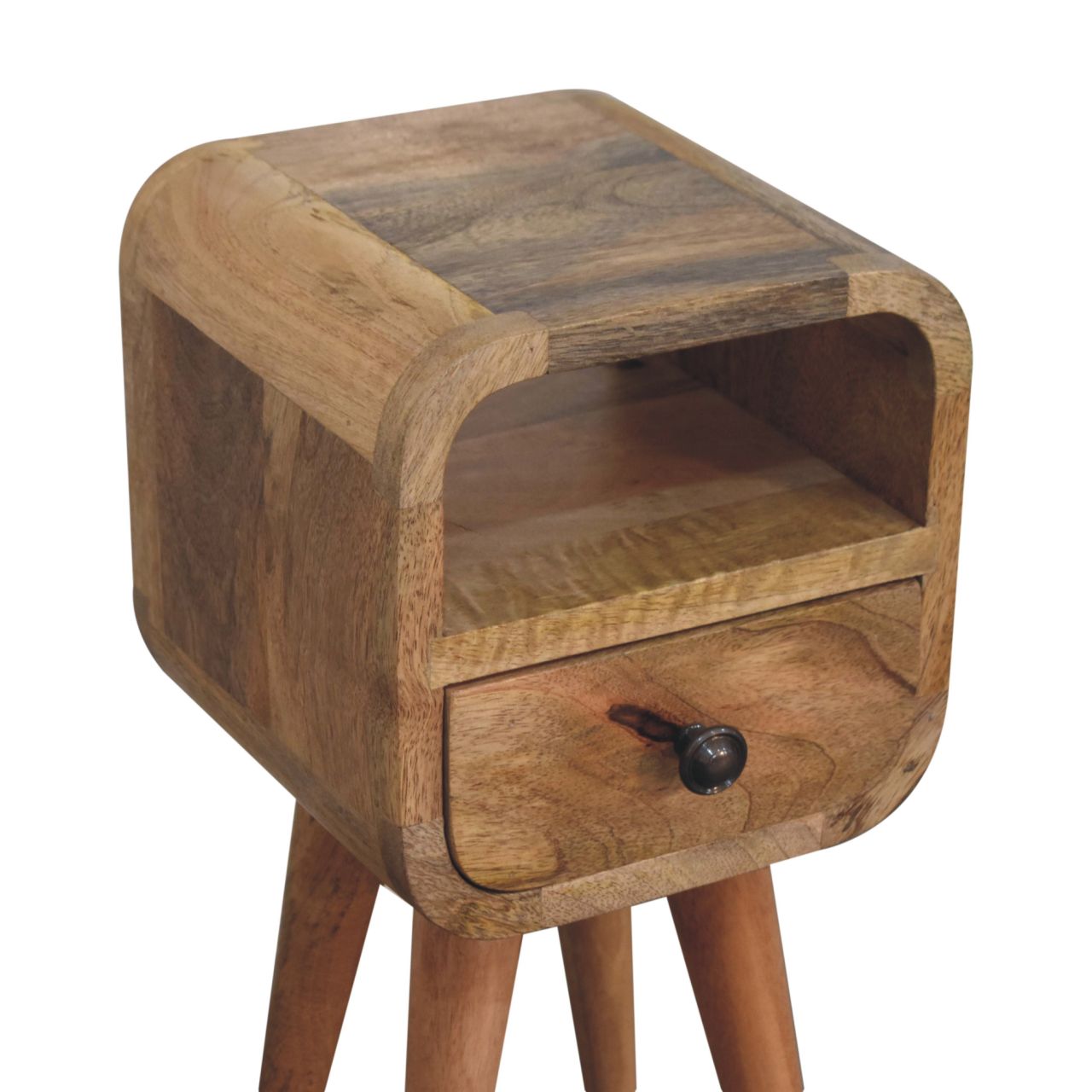 Solid Wood Bedside, Extra Mini Curved 1 Drawer Open Slot, Oak-ish Brown