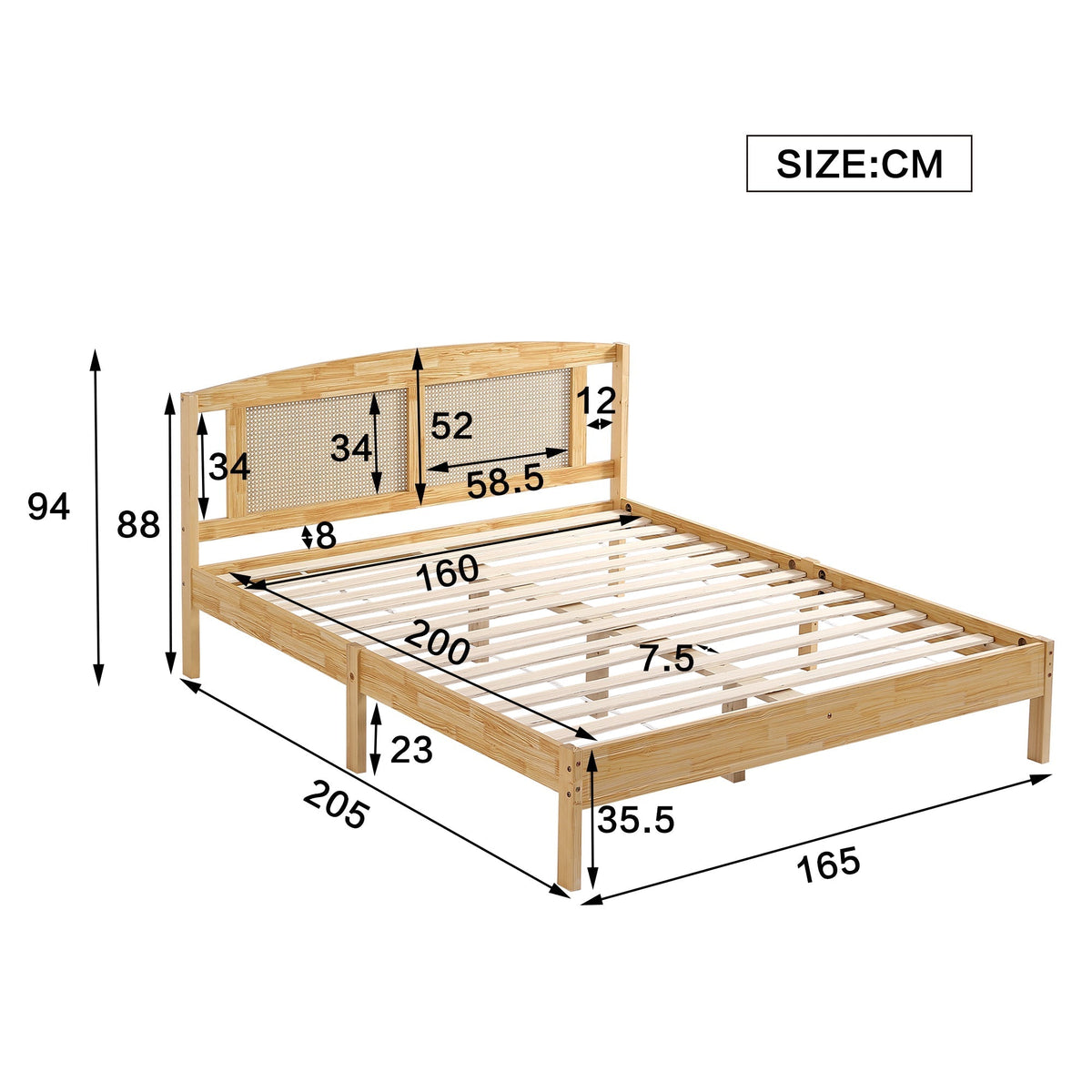 Double Rattan Bed 160x200cm, 15 Slats Pine + PE Rattan, Natural