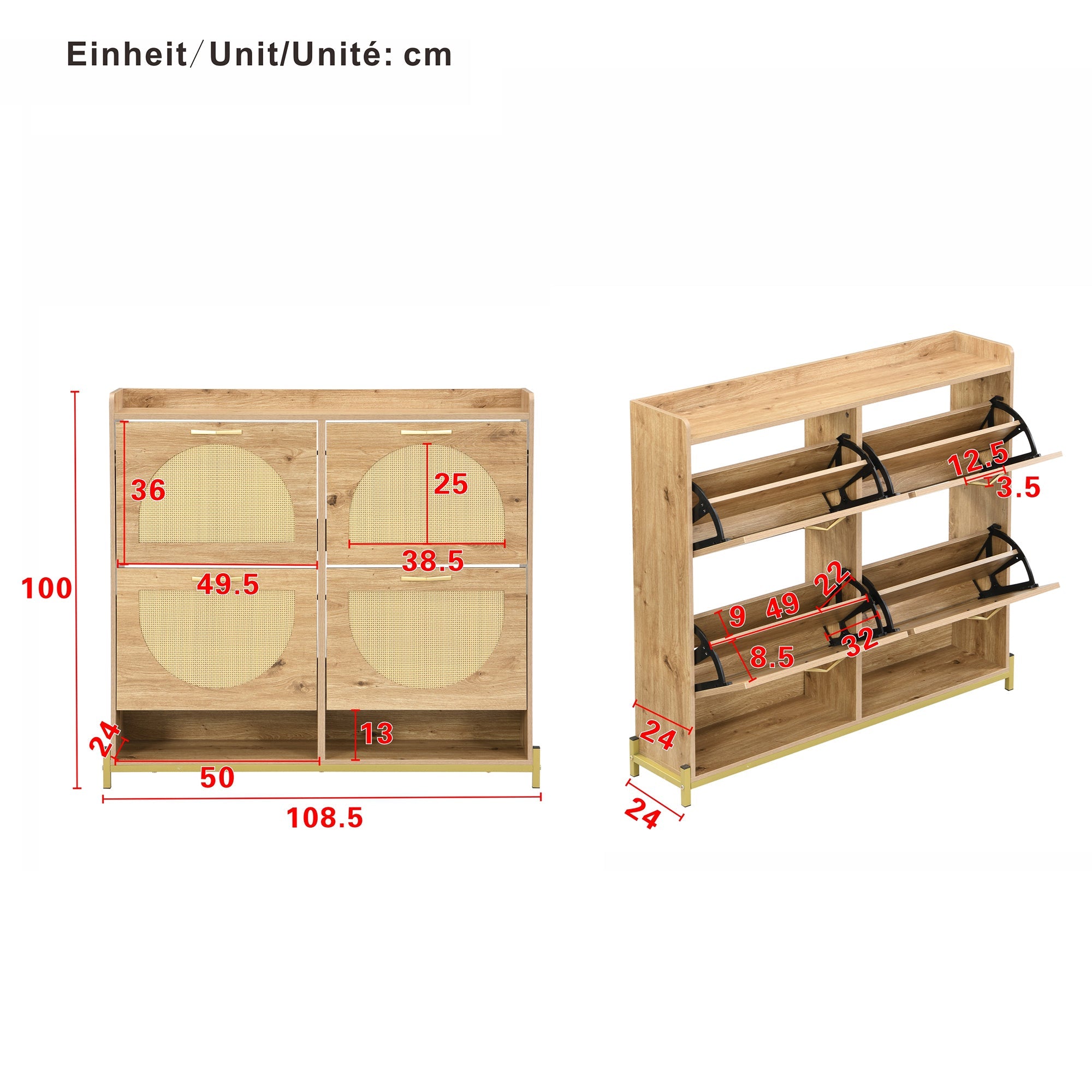 Shoe Cabinet, 4 Doors Metal Frame Top Shelf, Wooden Rattan