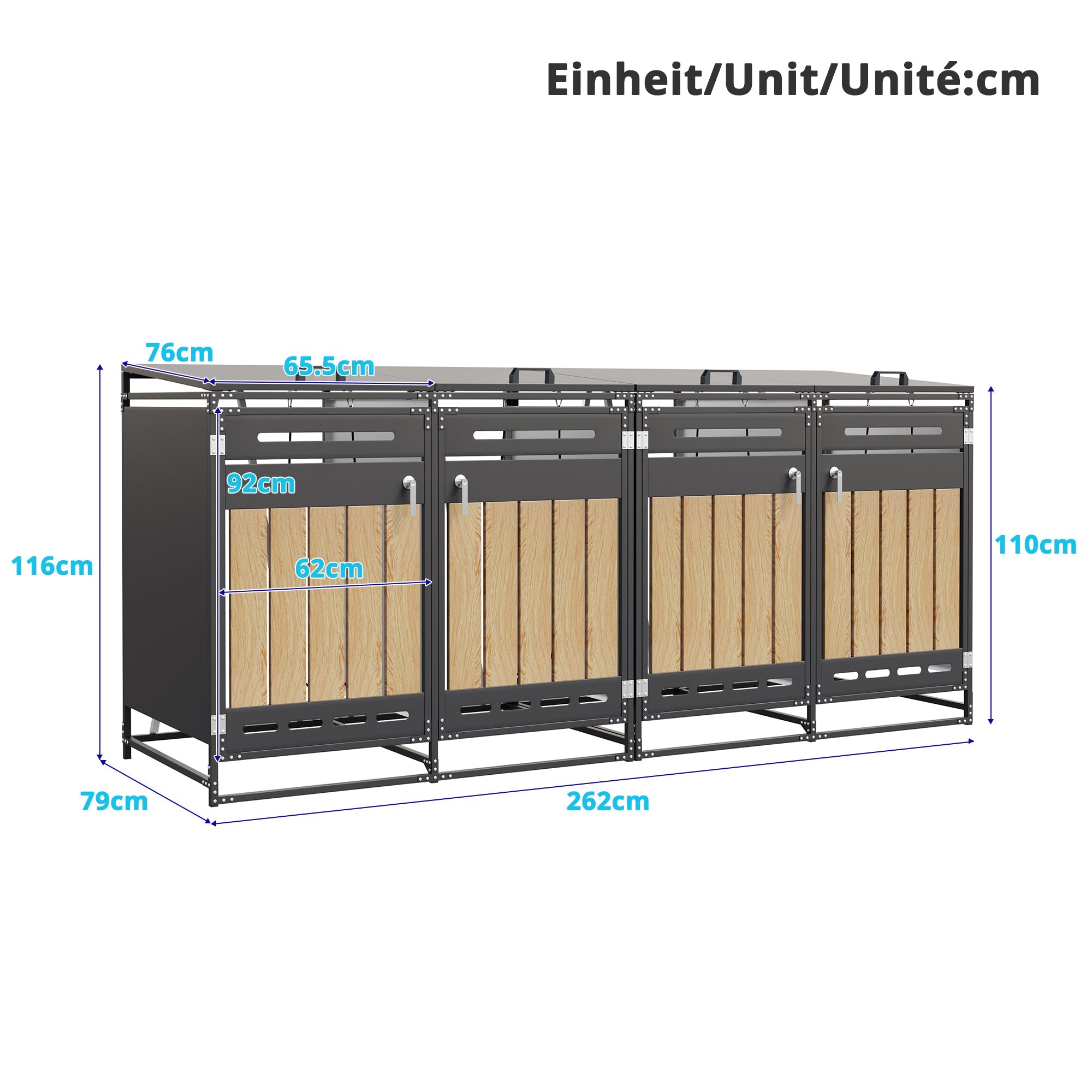 Bin Storage Cabinet, Set of 4 with Hydraulic Lids and Vertical Cladding, Iron Wood-Look