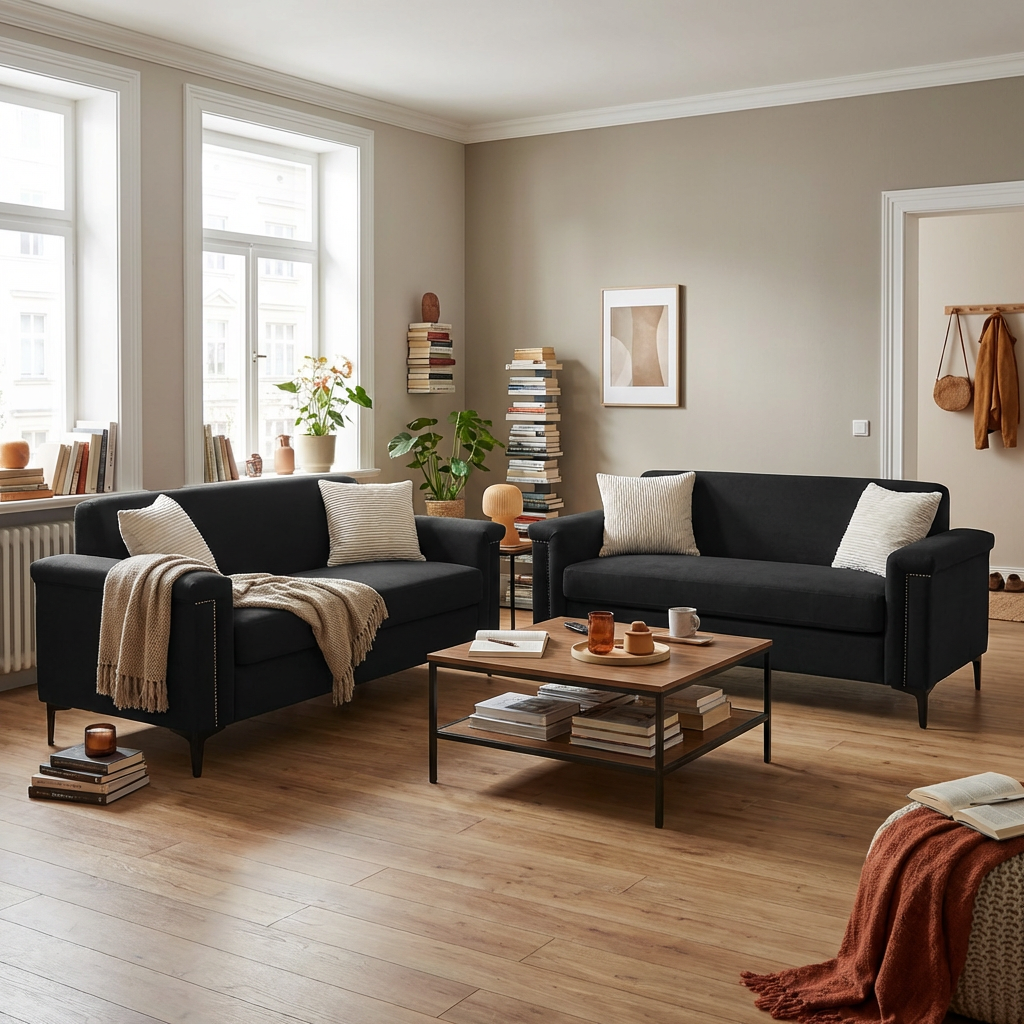 Sofa Set 2-Piece 172cm Space-Saving Metal Legs - Black Fabric