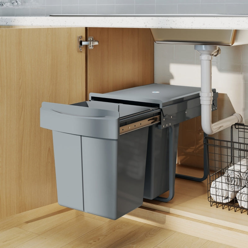 Extendable Waste Bin 2x 20L Removable Containers Plastic Metal Grey