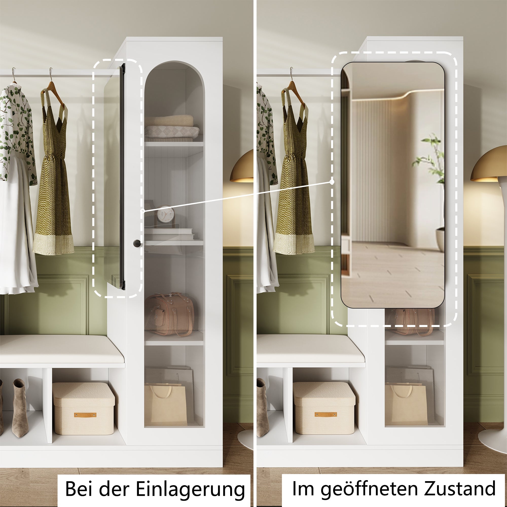Entrance Combination, 6-in-1 Wardrobe Set, Dressing Table, Shoe Bench, Shoe Cabinet, Display Case with Color-Changing LED Light