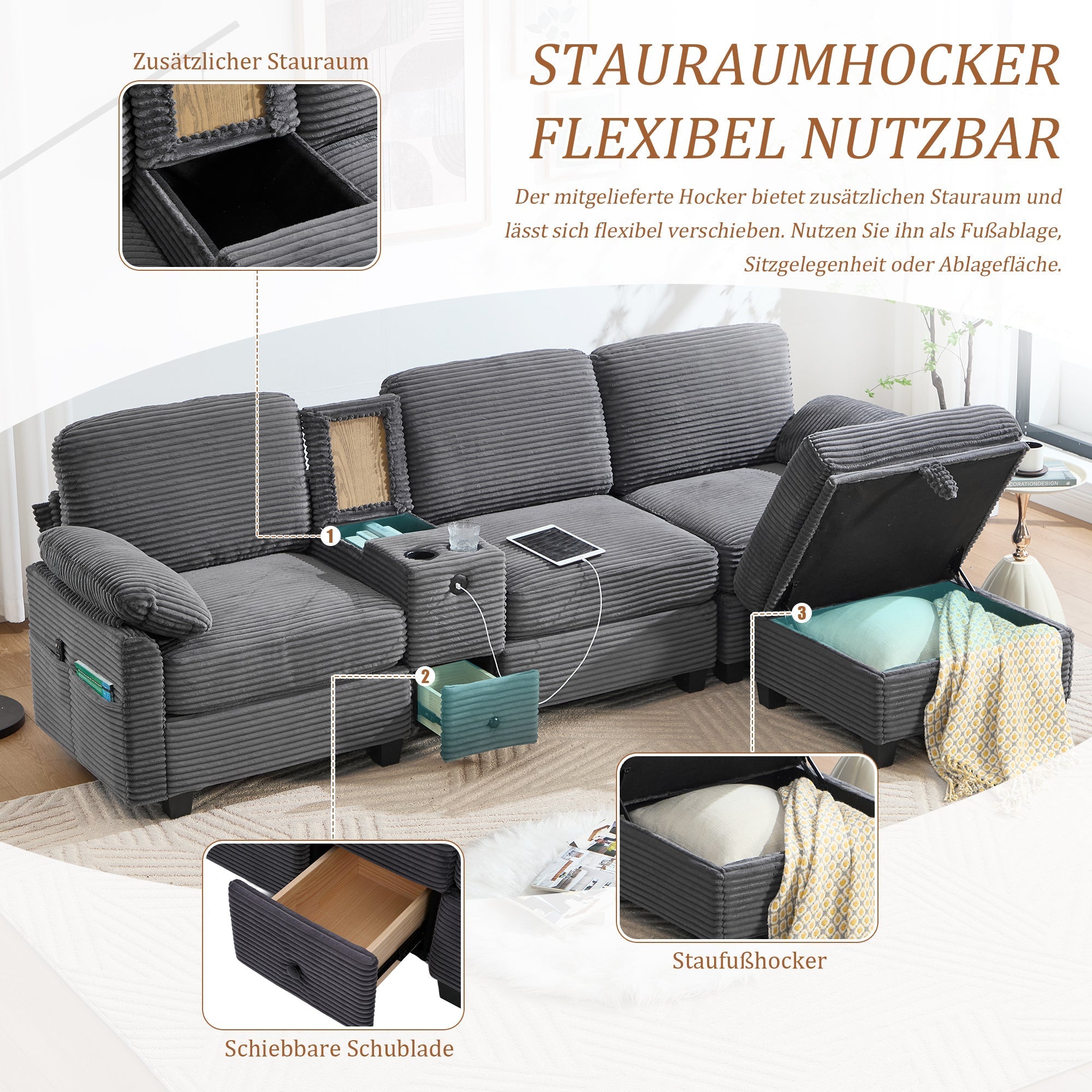 Sofa - Comfort Foam, Removable Console, USB-C, Storage Ottoman - Corduroy