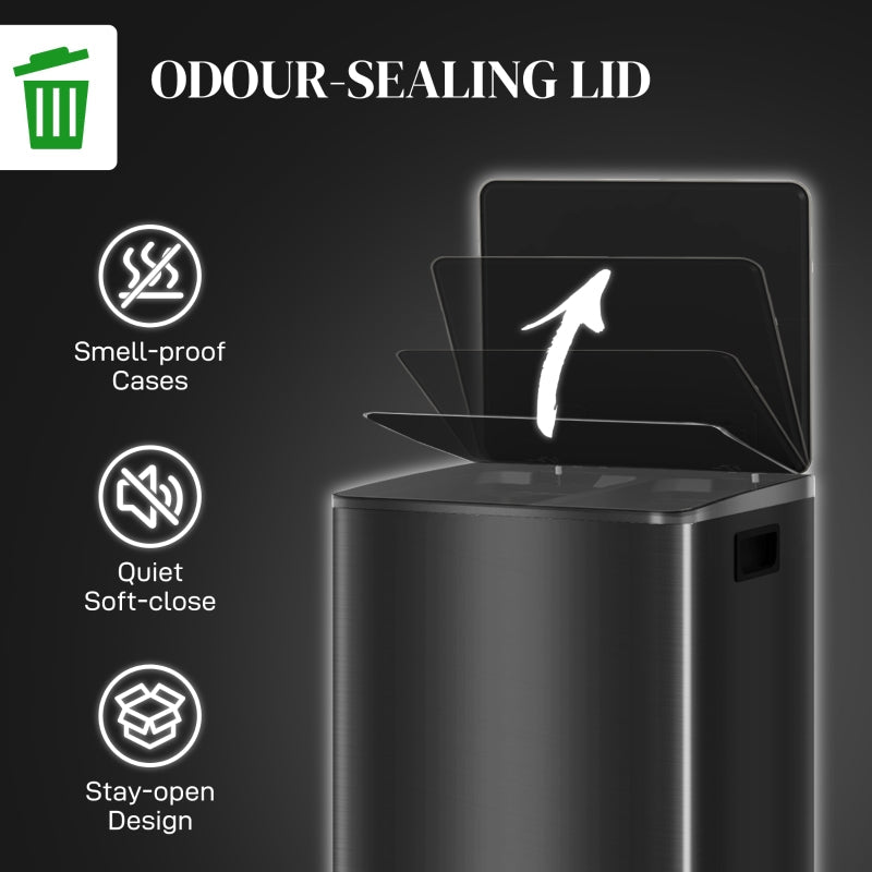 60L Dual Compartment Bin with Deodoriser Holders, Stainless Steel Black