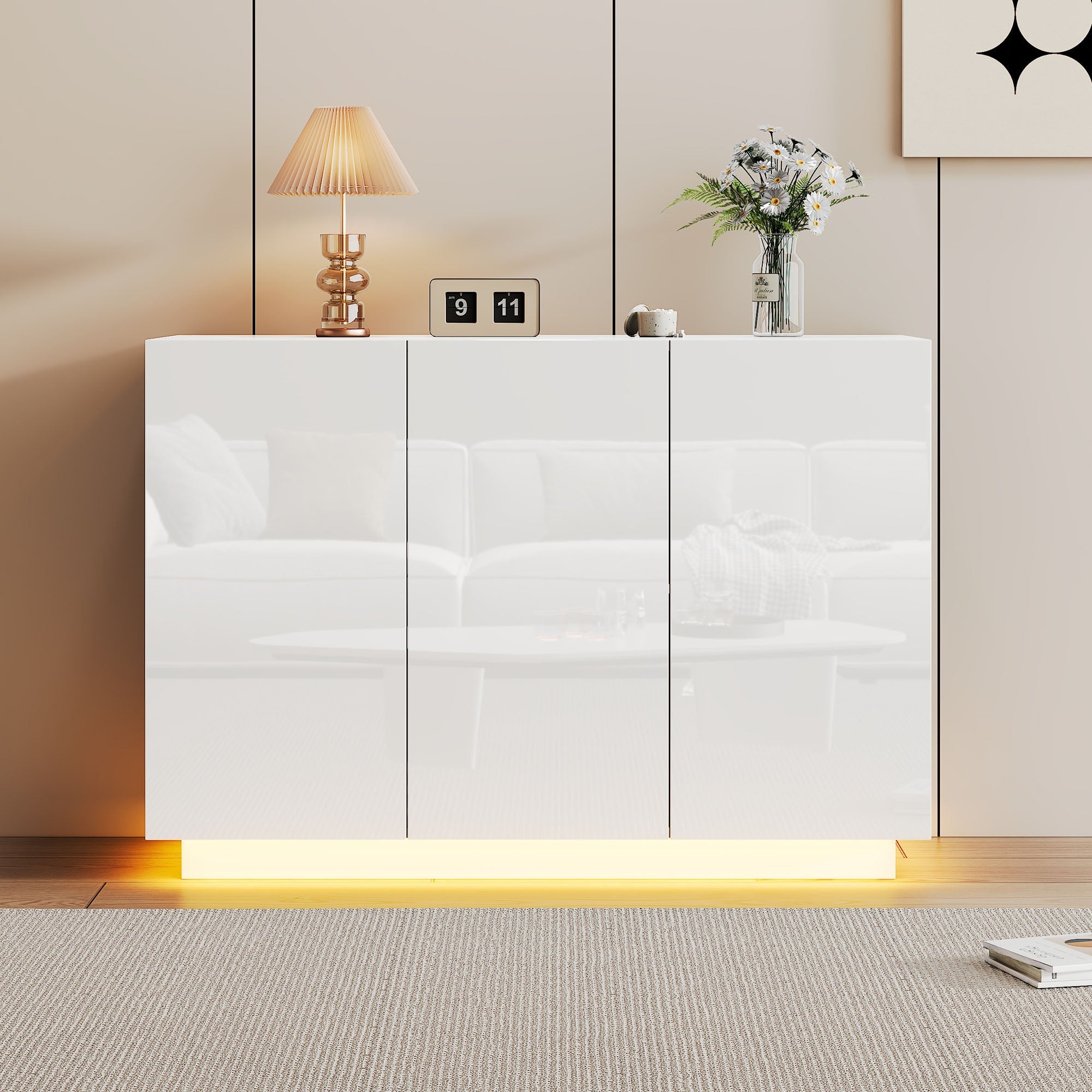 Dining Room Cabinet Sideboard, Open/Closed Storage LED Light, 120x40x75CM, White High-Gloss