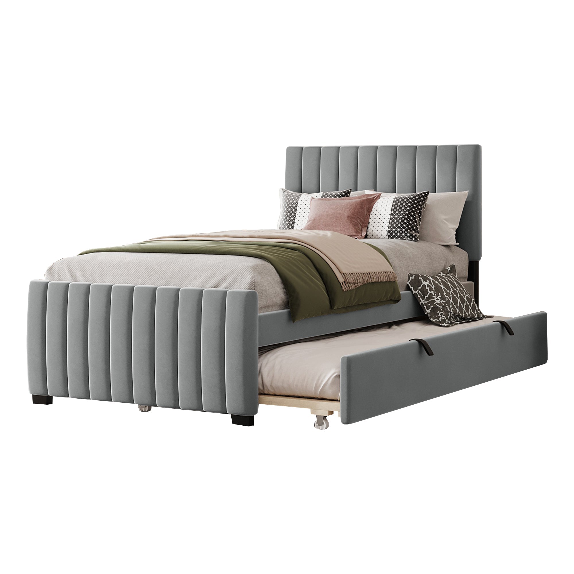 Upholstered Bed with Pull-Out, 90 x 190 cm Single, Grey Velvet