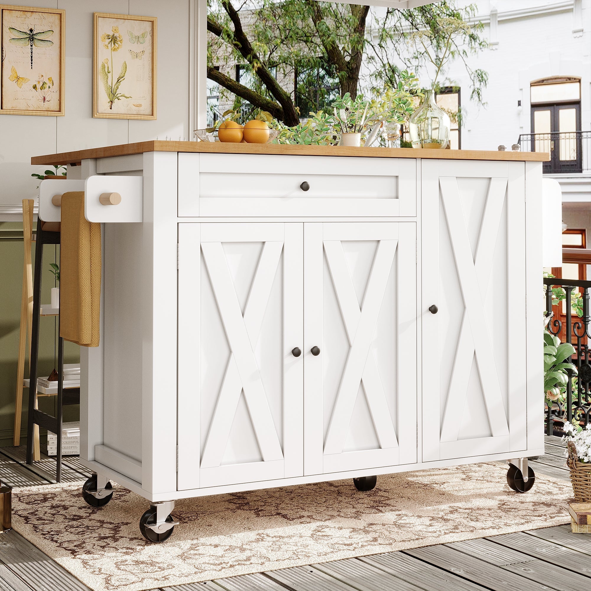 Mobile Kitchen Island with Foldable Table and Storage Drawers, White MDF