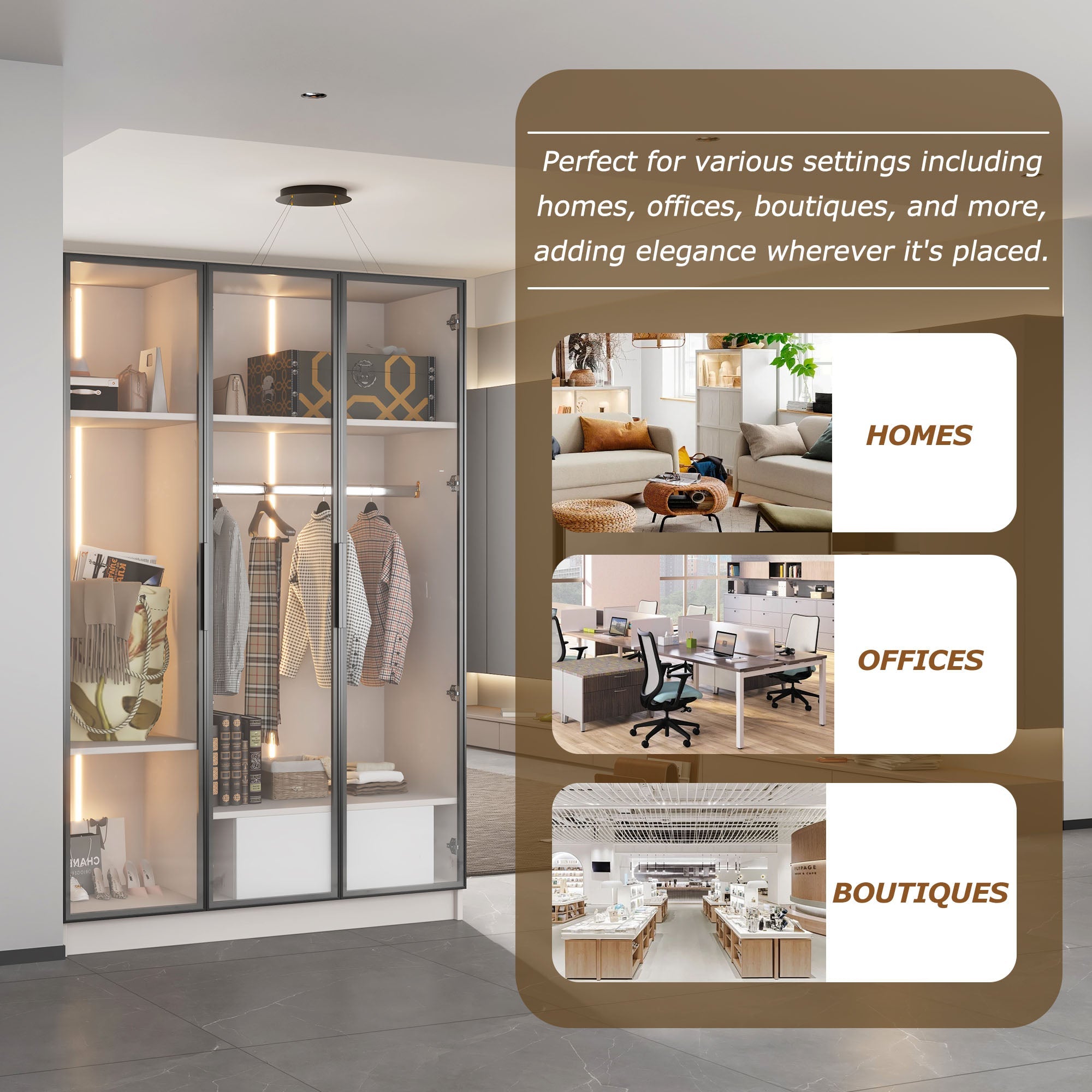 Wardrobe, 3 Glass Doors, 1 Drawer, 1 Clothes Rail, 110x50x160 cm, White with LED Light